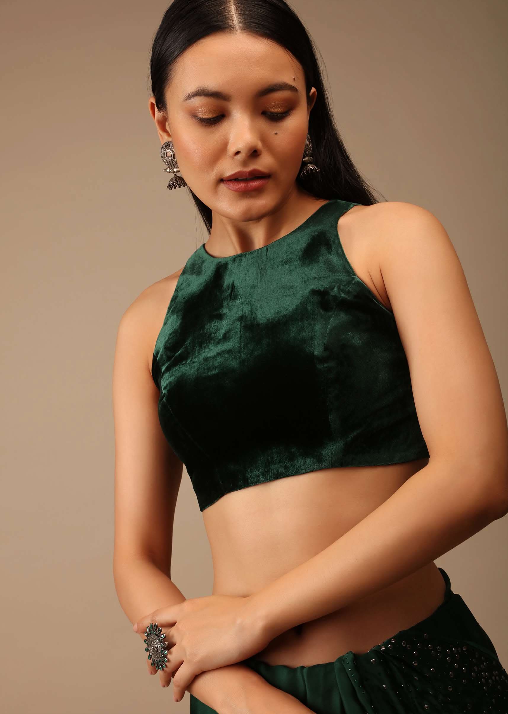 Bottle Green Blouse In Velvet With Halter Neckline And Back Zip Detailing - Image 4
