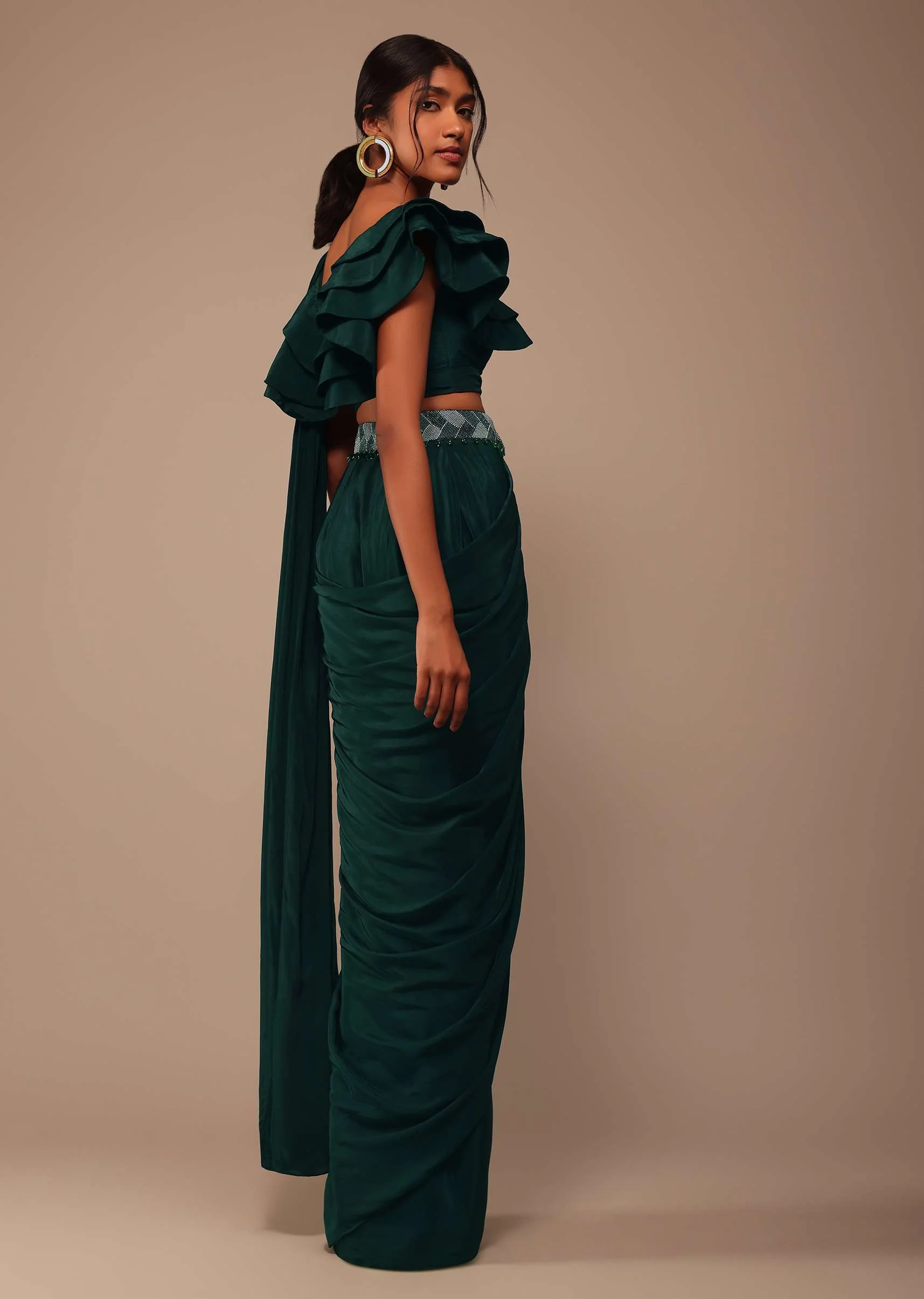 Bottle Green Crepe Pre Drape Saree With Fancy Blouse And Embroidered Belt - Image 2