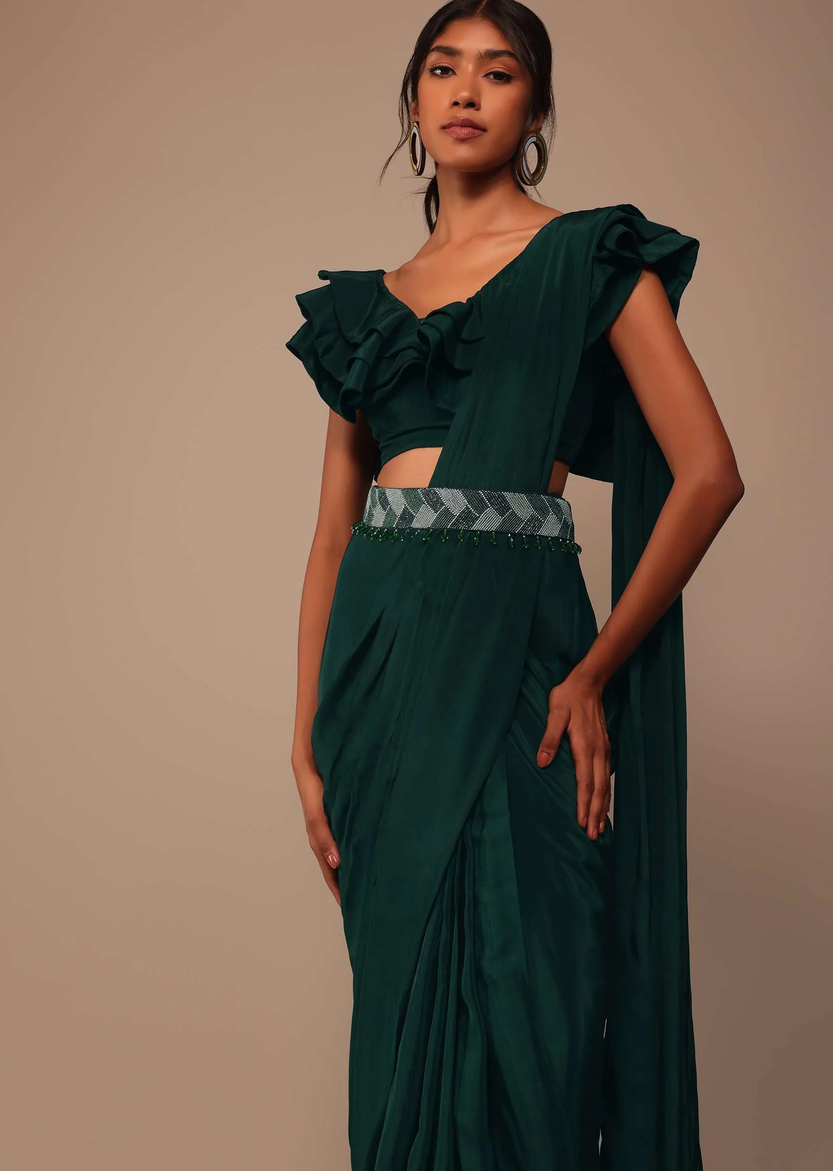 Bottle Green Crepe Pre Drape Saree With Fancy Blouse And Embroidered Belt - Image 3