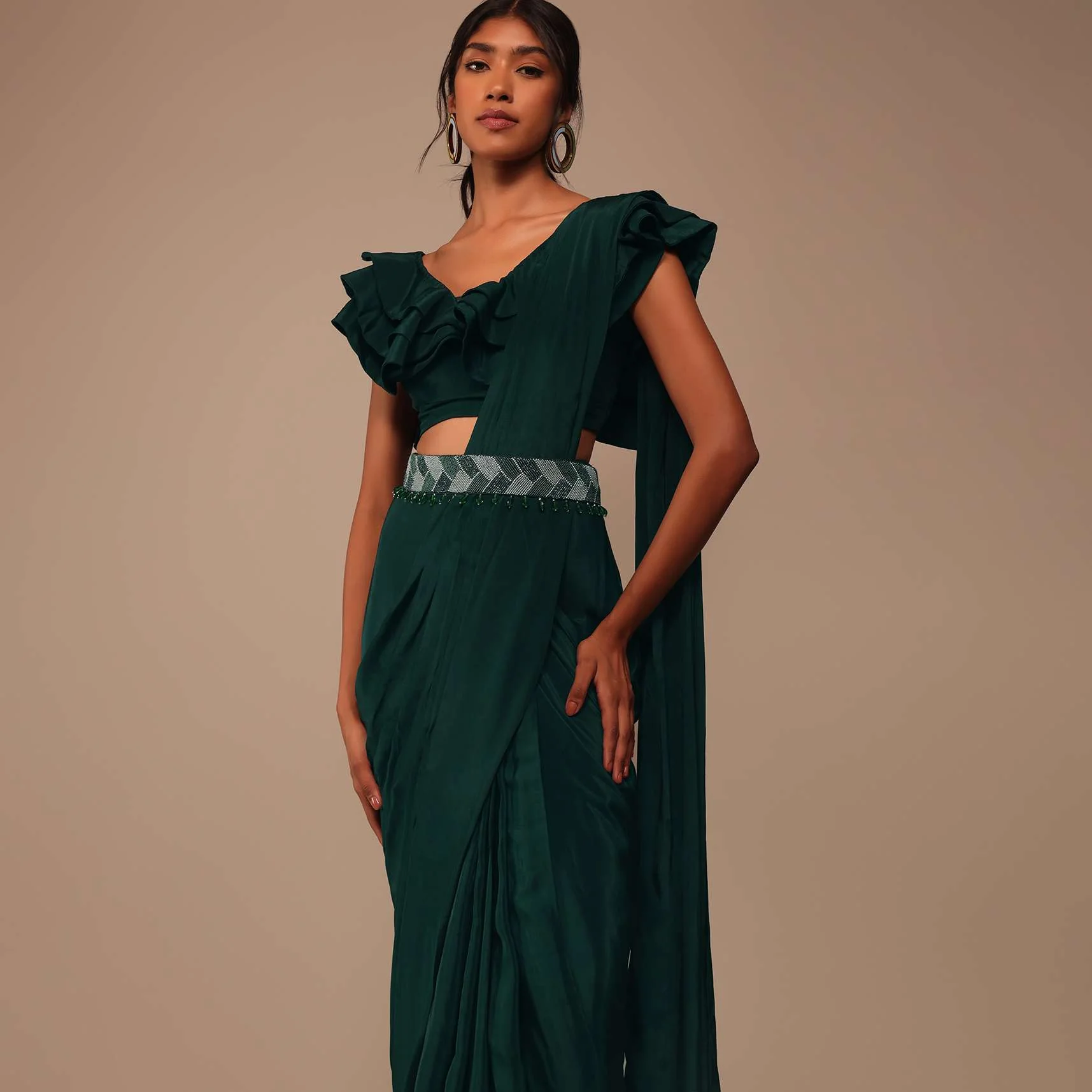 Bottle Green Crepe Pre Drape Saree With Fancy Blouse And Embroidered Belt - Image 4