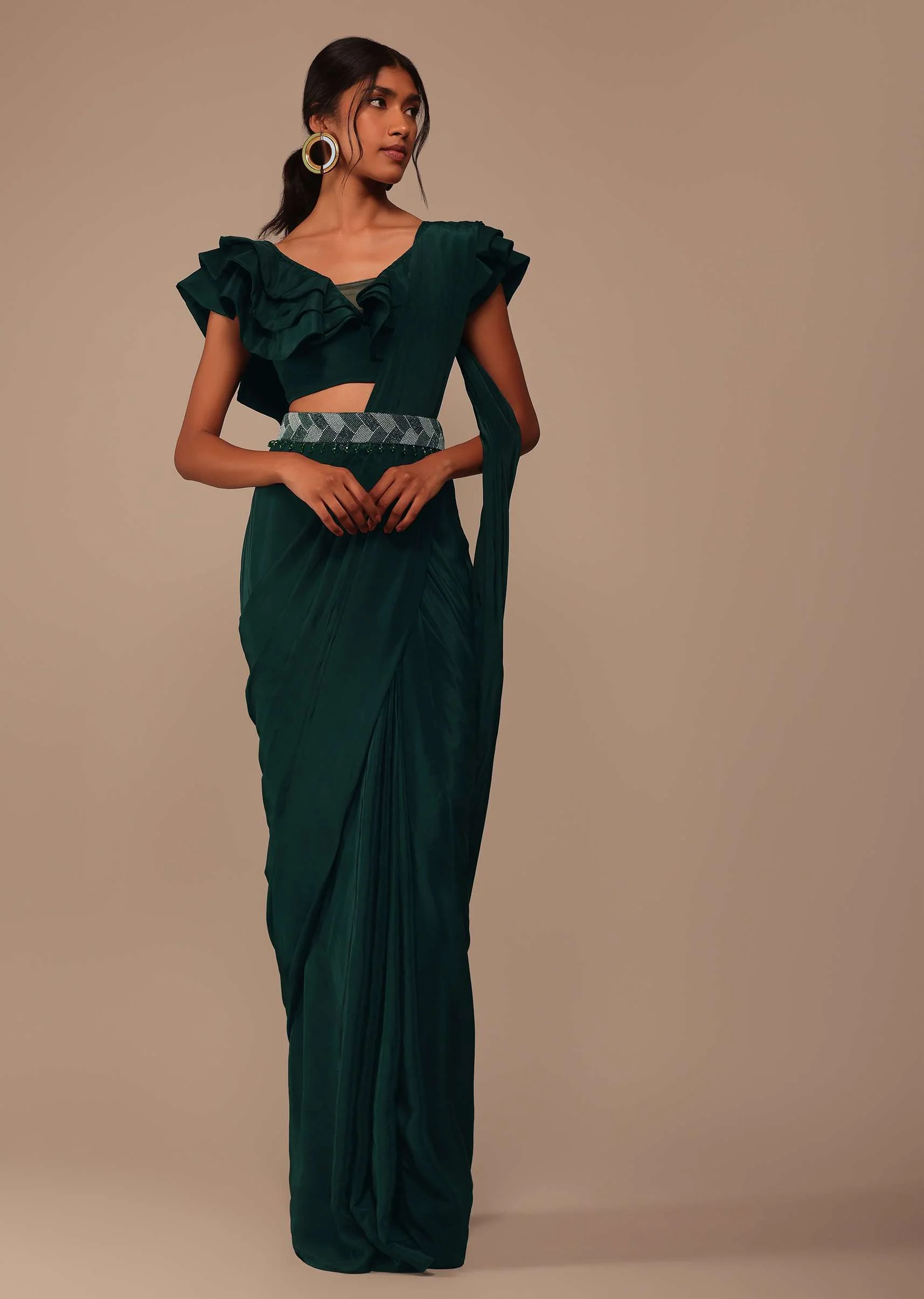 Bottle Green Crepe Pre Drape Saree With Fancy Blouse And Embroidered Belt - Image 5