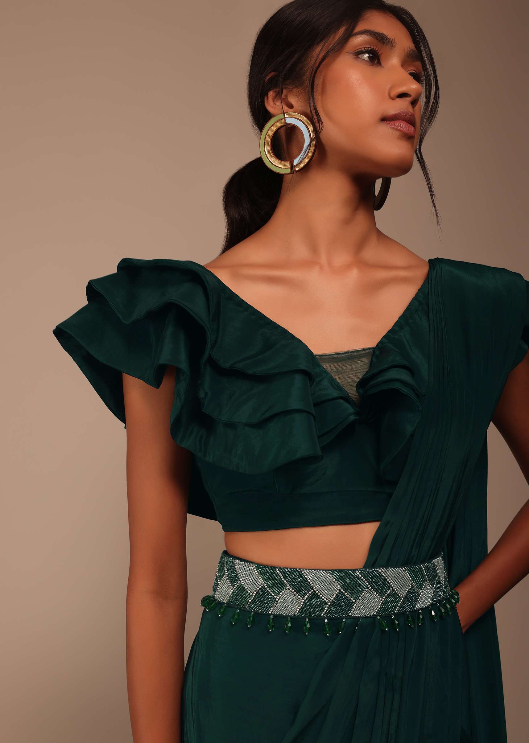 Bottle Green Crepe Pre Drape Saree With Fancy Blouse And Embroidered Belt - Image 6