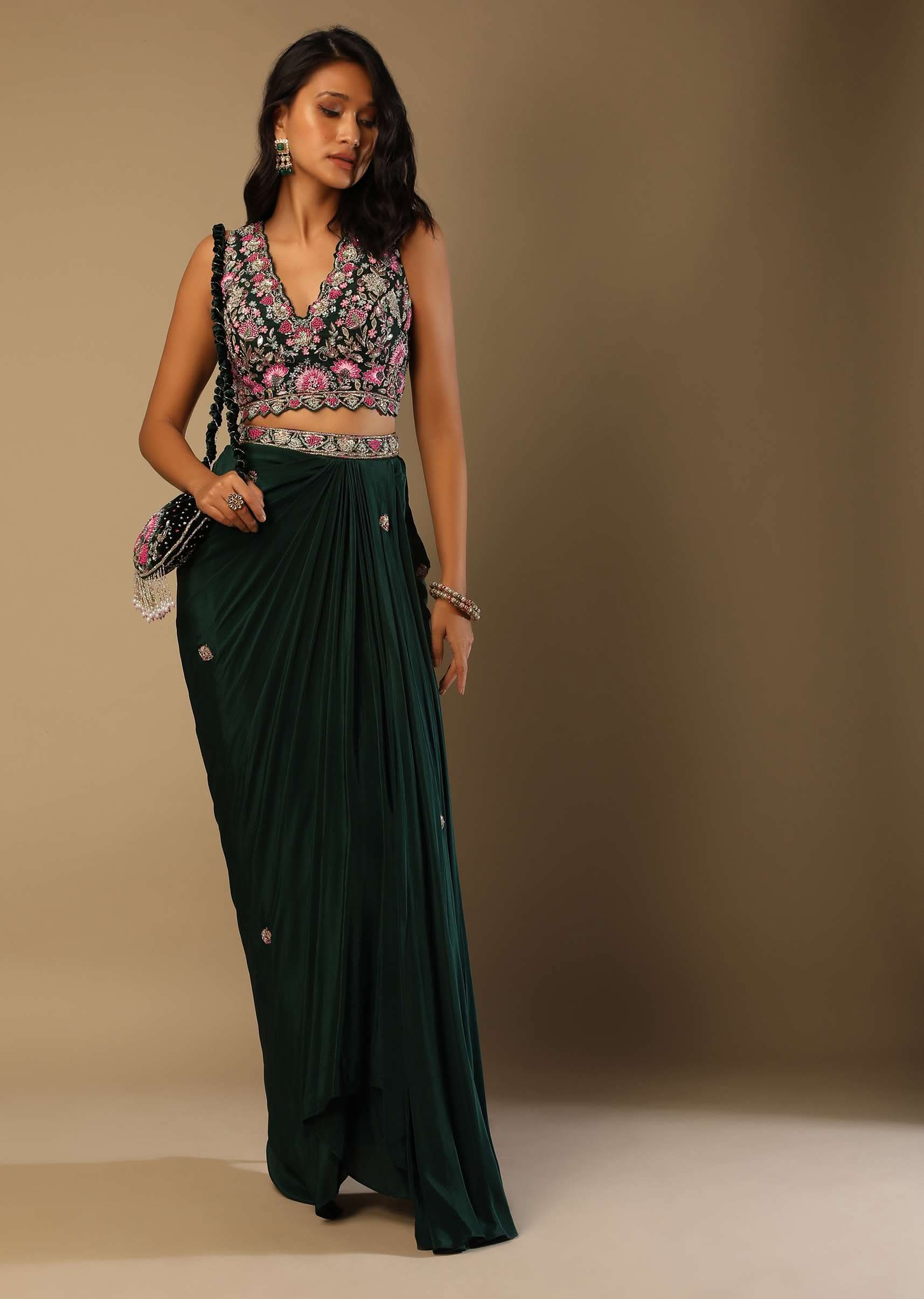 Bottle Green Dhoti Skirt And Choli With Multi Colored Hand Embroidery In Floral Motifs - Image 3