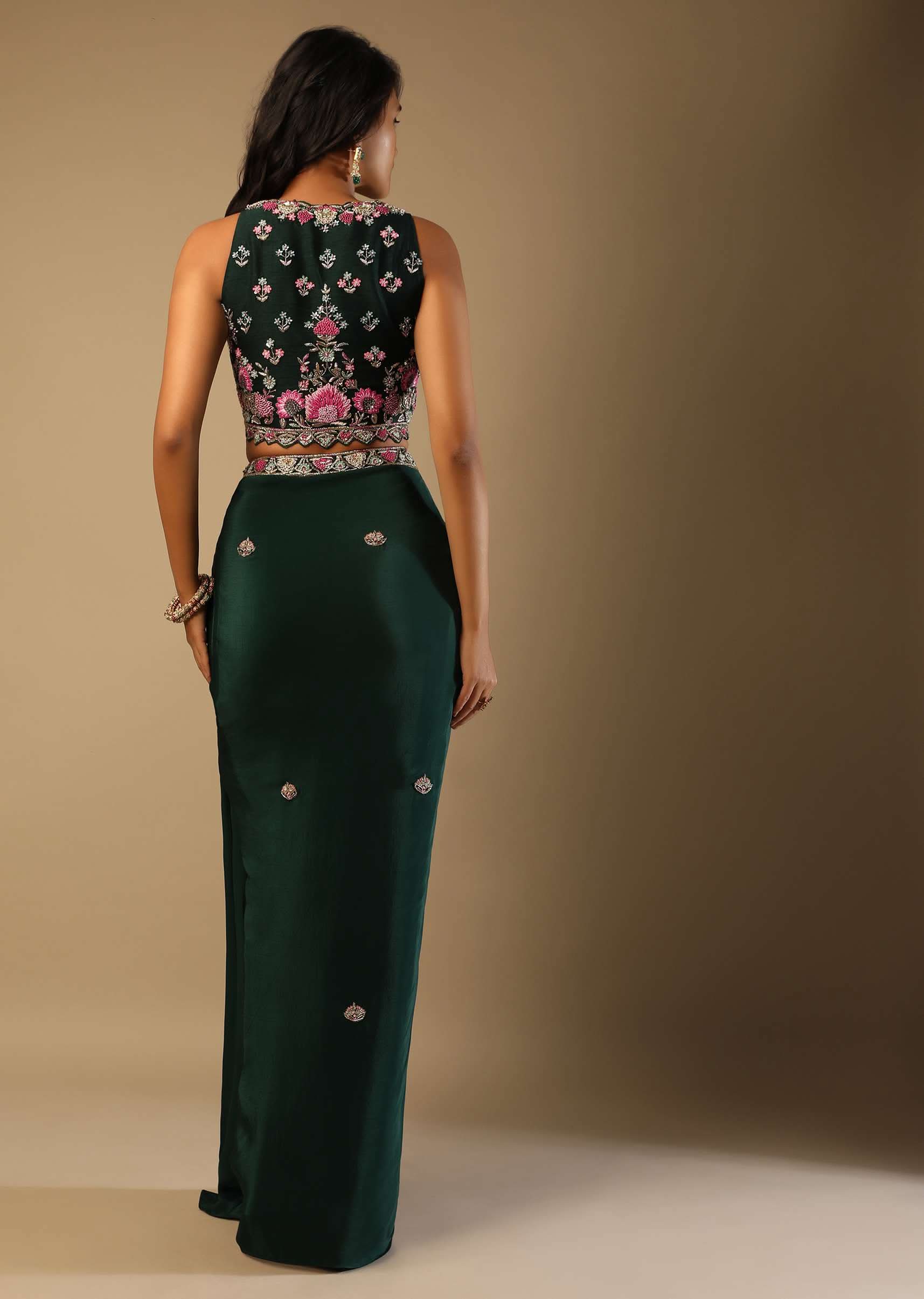 Bottle Green Dhoti Skirt And Choli With Multi Colored Hand Embroidery In Floral Motifs - Image 5