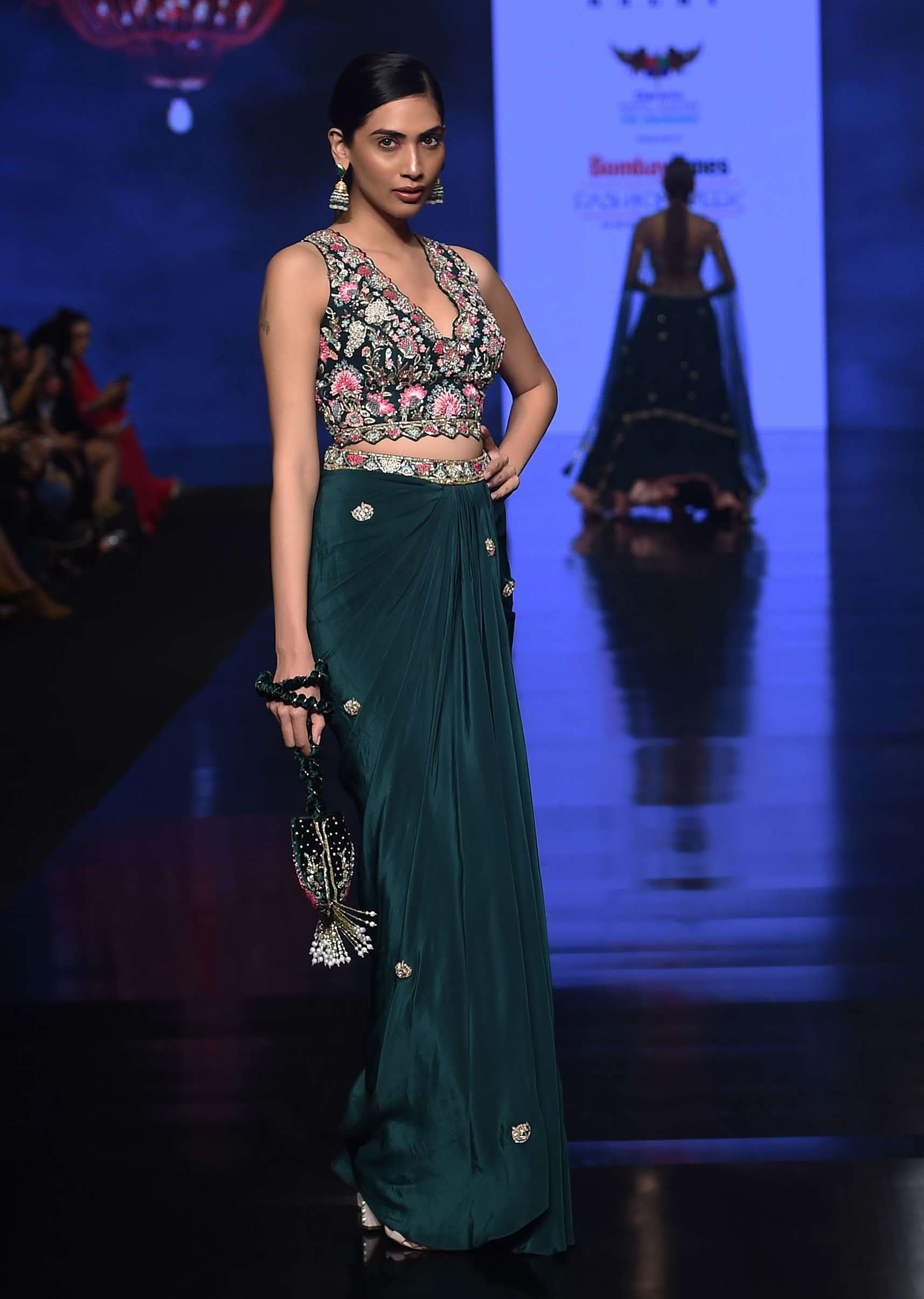 Bottle Green Dhoti Skirt And Choli With Multi Colored Hand Embroidery In Floral Motifs - Image 6