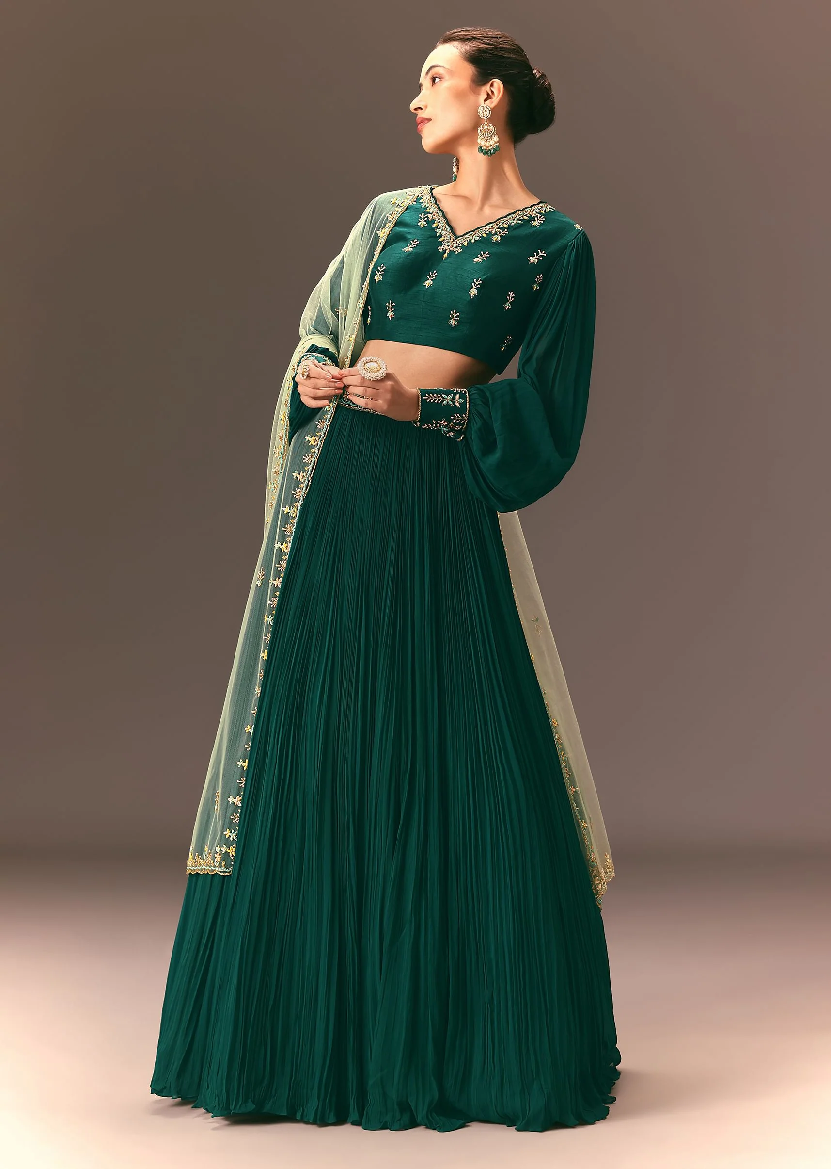 Bottle Green Embellished Ruched Lehenga Set - Image 2