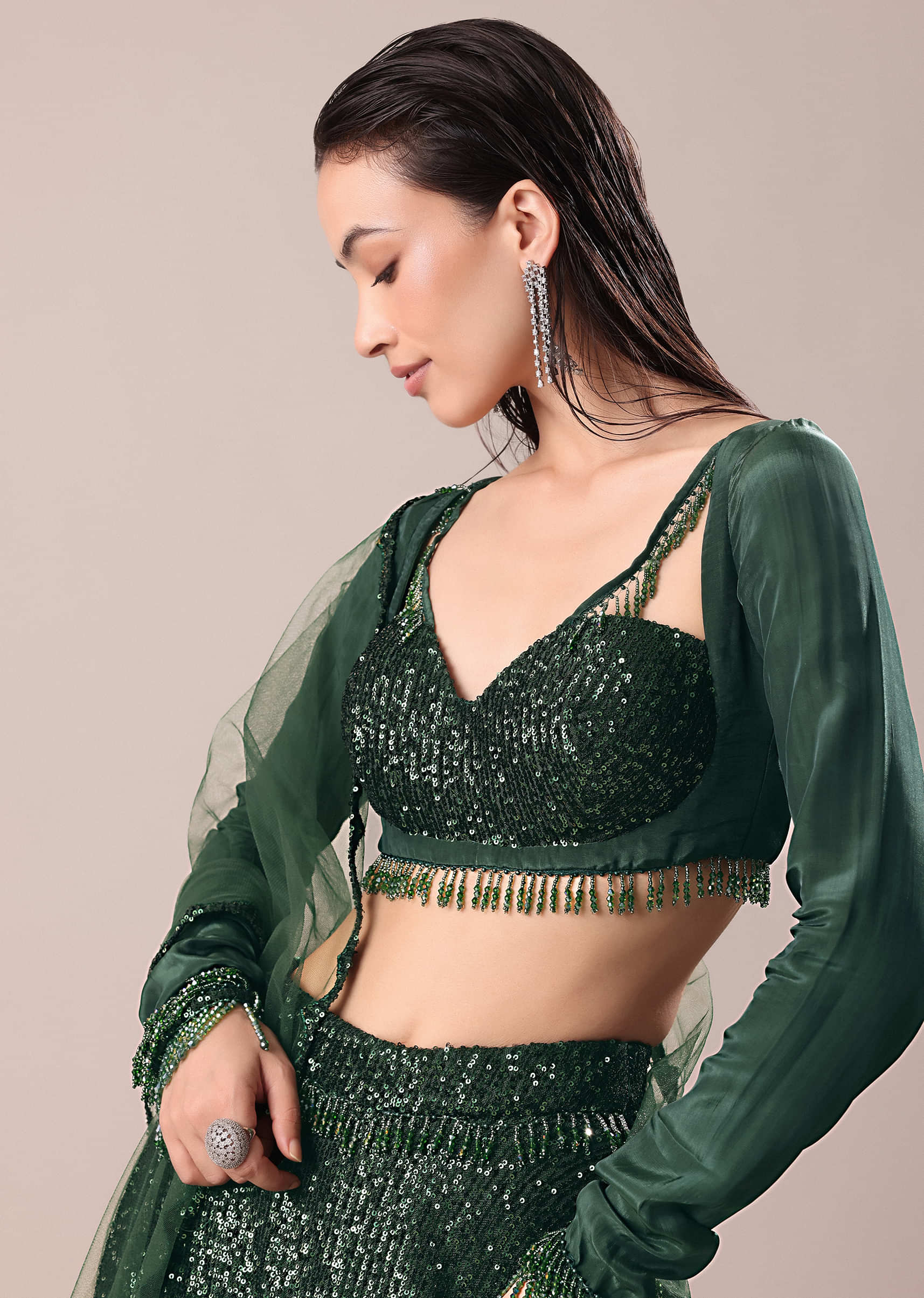 Bottle Green Embroidered Lehenga And Blouse With Dupatta - Image 5
