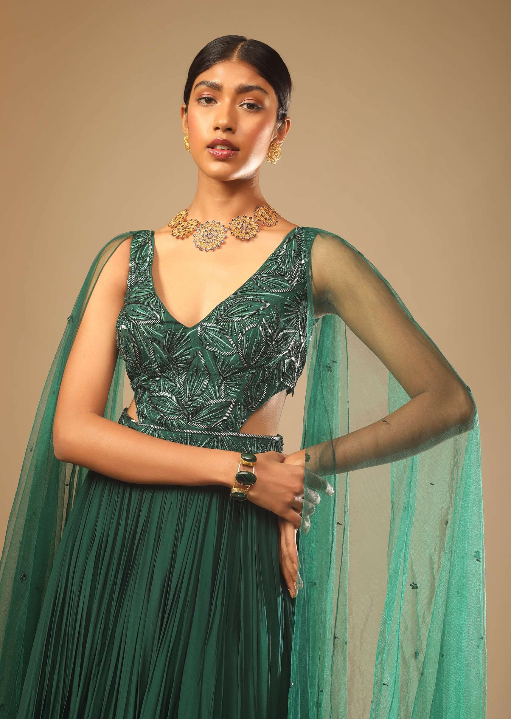 Bottle Green Gown In Crepe With Side Cut Outs In The Hand Embroidered Bodice - Image 4
