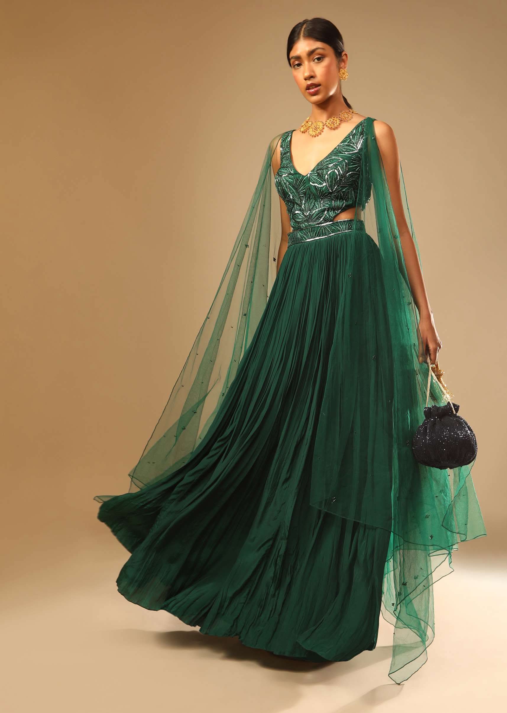 Bottle Green Gown In Crepe With Side Cut Outs In The Hand Embroidered Bodice - Image 5