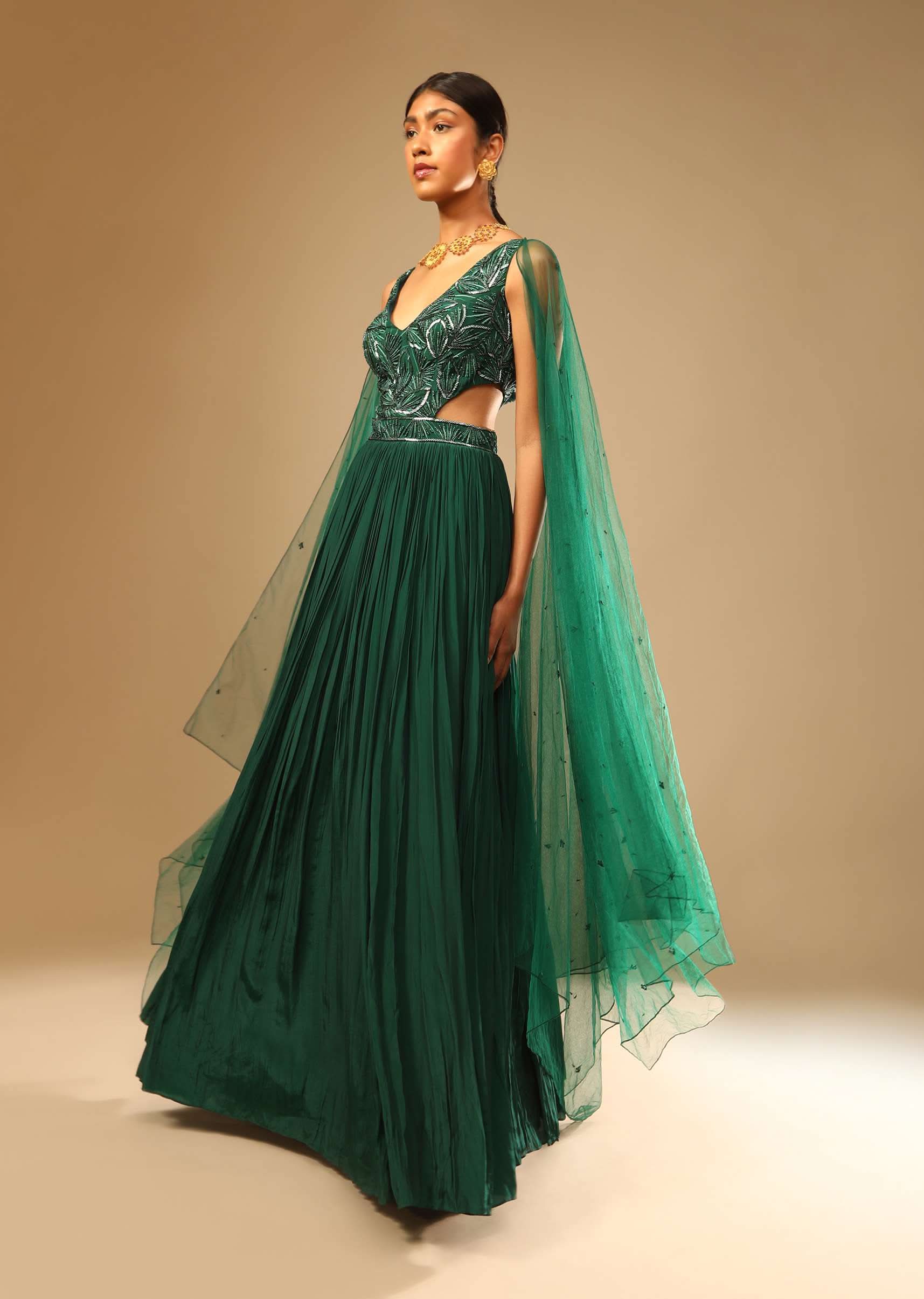 Bottle Green Gown In Crepe With Side Cut Outs In The Hand Embroidered Bodice - Image 7