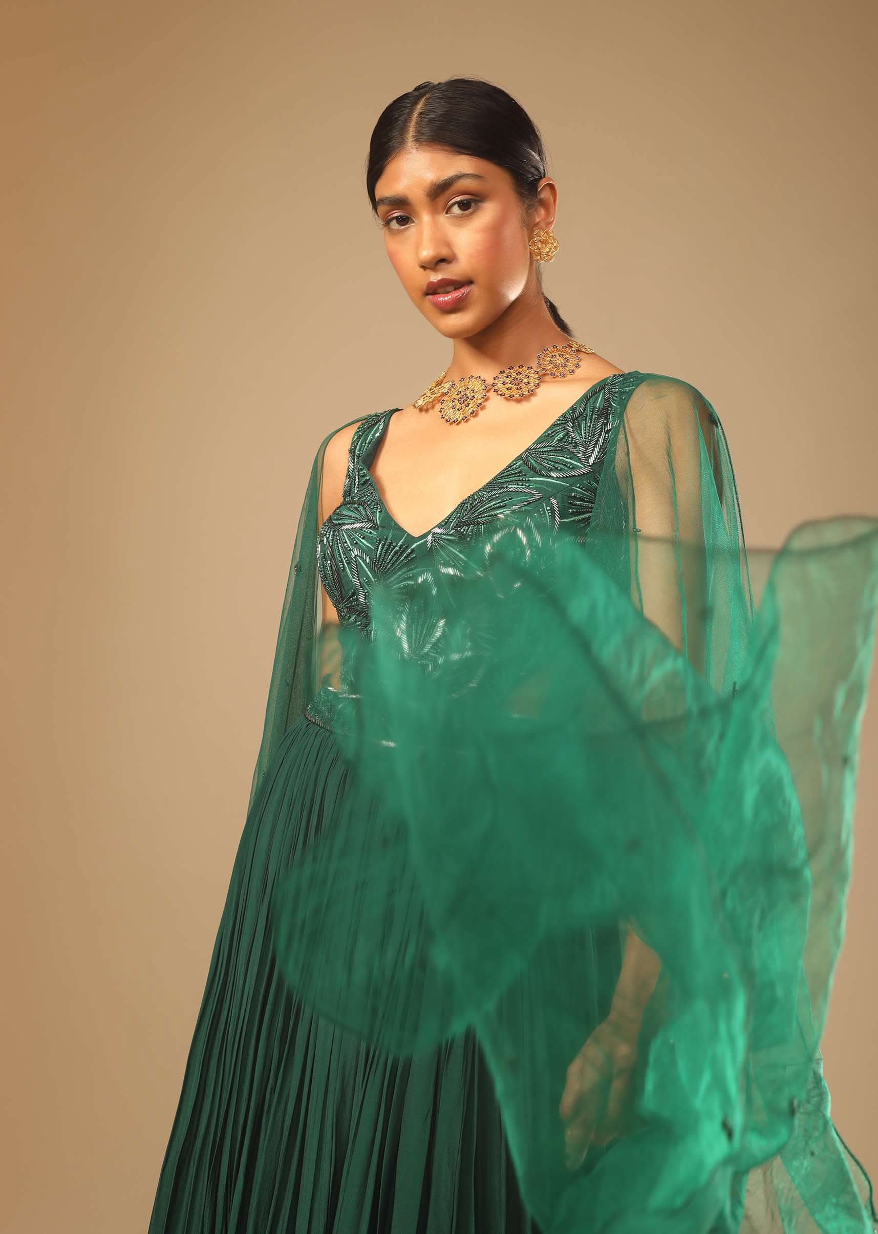 Bottle Green Gown In Crepe With Side Cut Outs In The Hand Embroidered Bodice - Image 8