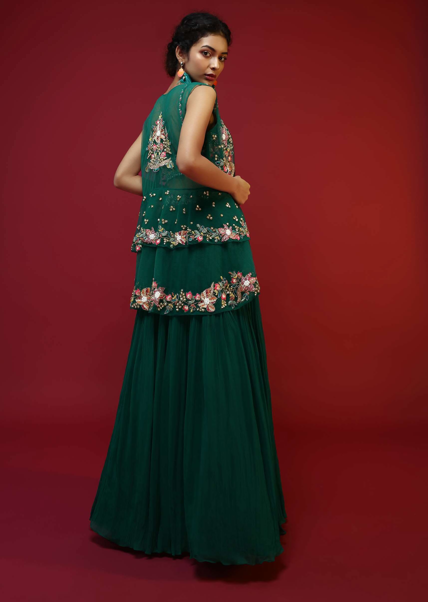 Bottle Green Lehenga Choli And Sleeveless Peplum Jacket Adorned With Colorful Resham And Moti Embroidered Flowers - Image 5
