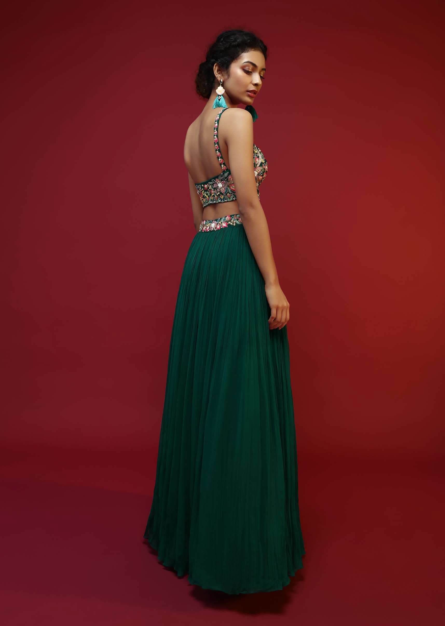 Bottle Green Lehenga Choli And Sleeveless Peplum Jacket Adorned With Colorful Resham And Moti Embroidered Flowers - Image 6