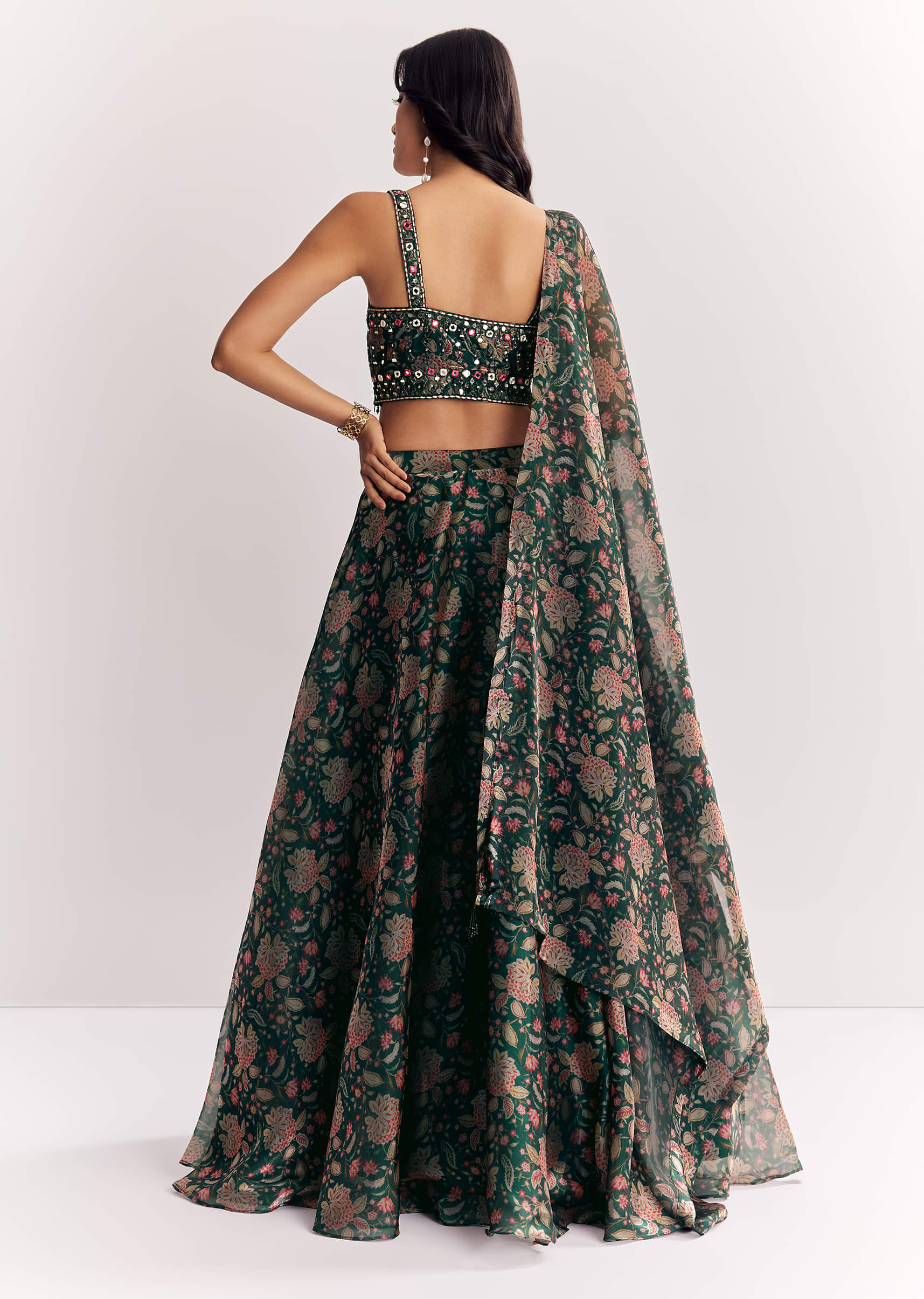 Bottle Green Mirror Work Lehenga Choli Set In Organza Tissue - Image 5
