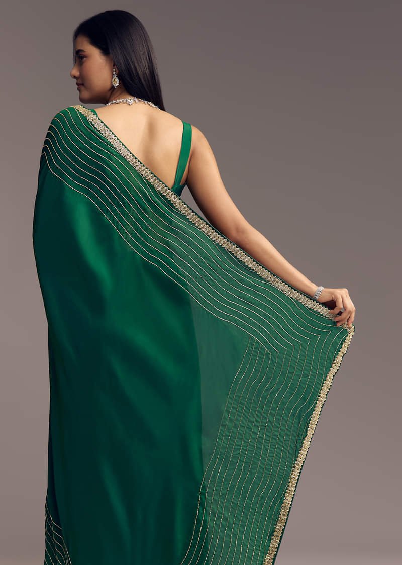 Bottle Green Organza Saree With Scalloped Cut Dana Detailing - Image 4