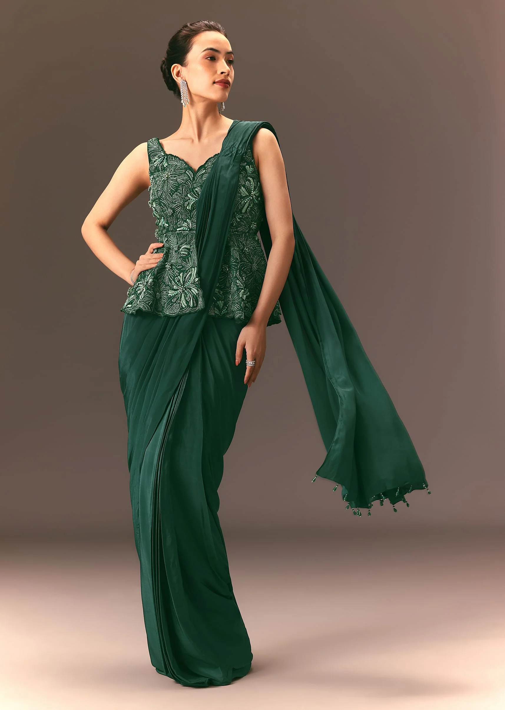 Bottle Green Raw Silk Pre Stitched Saree With Peplum Blouse - Image 3