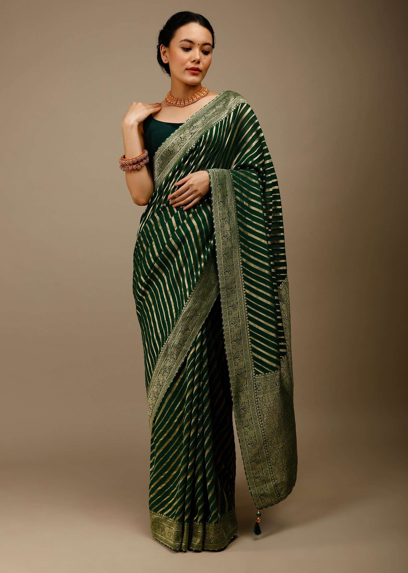 Bottle Green Saree In Georgette With Brocade Woven Diagonal Stripes And Floral Border - Image 3