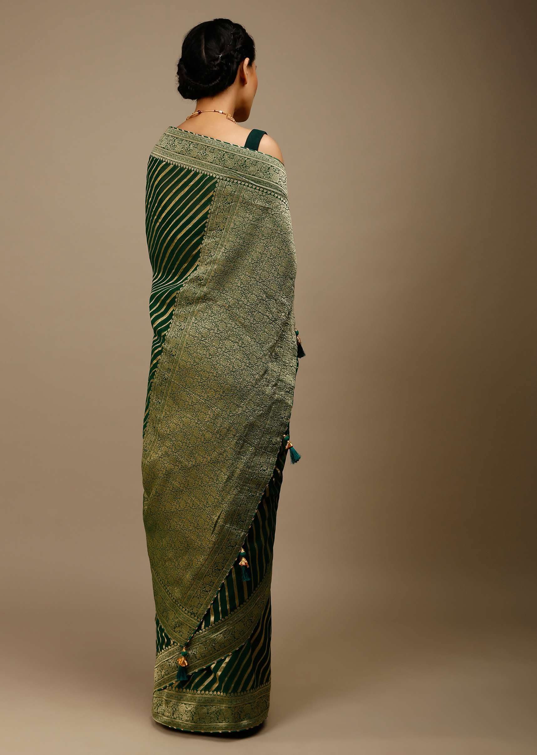 Bottle Green Saree In Georgette With Brocade Woven Diagonal Stripes And Floral Border - Image 4