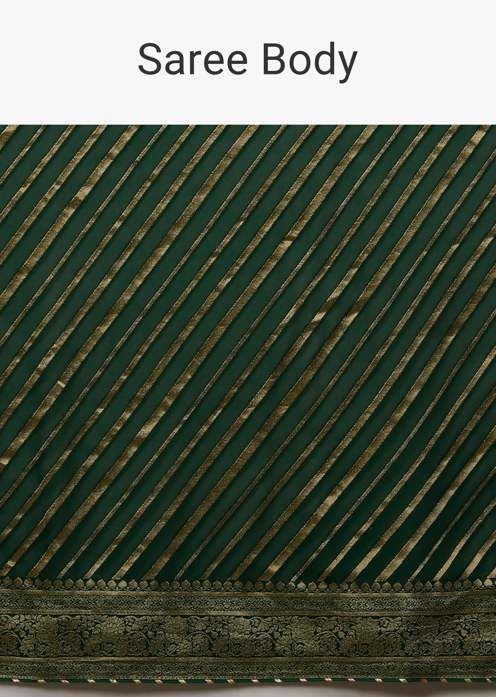 Bottle Green Saree In Georgette With Brocade Woven Diagonal Stripes And Floral Border - Image 5