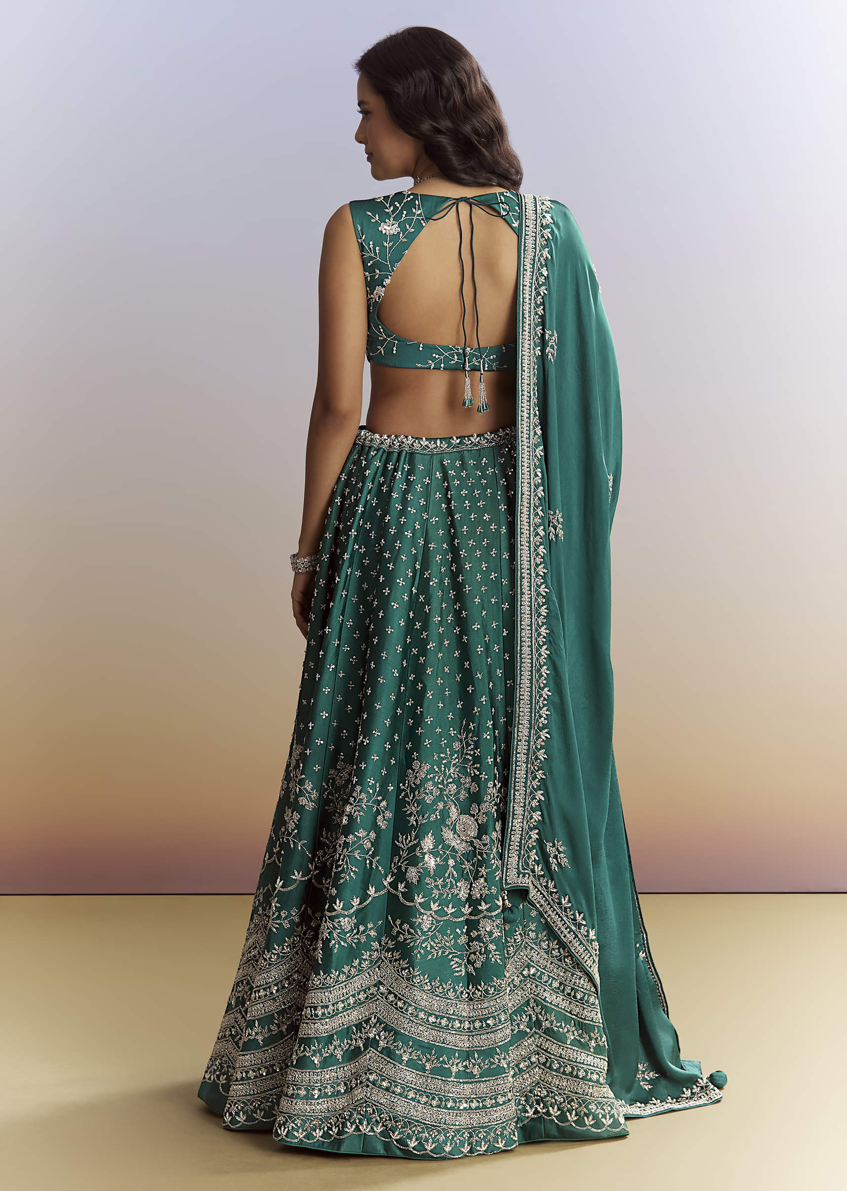 Bottle Green Satin Bridesmaid Lehenga With Heavy Embroidery - Image 2