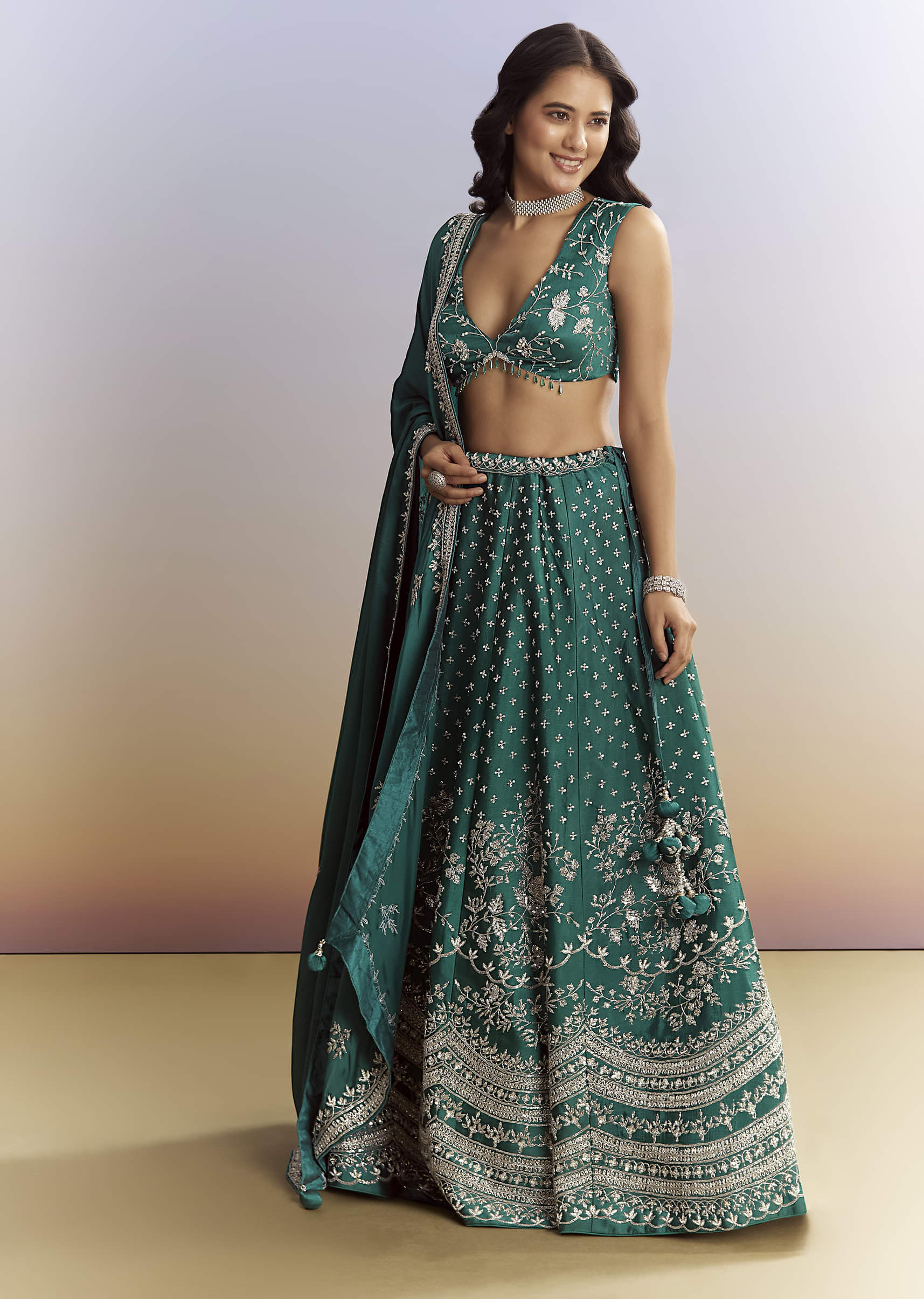 Bottle Green Satin Bridesmaid Lehenga With Heavy Embroidery - Image 4