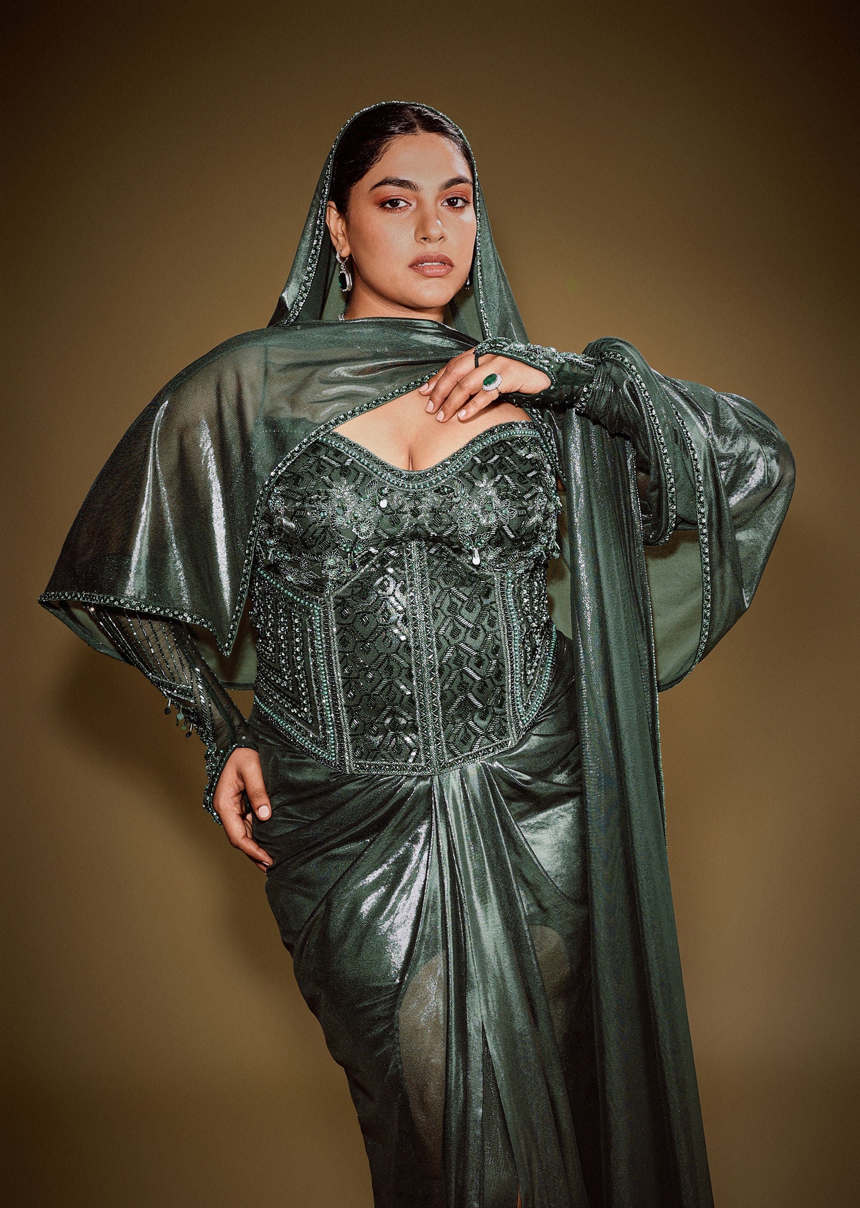 Bottle Green Shimmer Drape Skirt With Embroidered Corset And Dupatta - Image 2