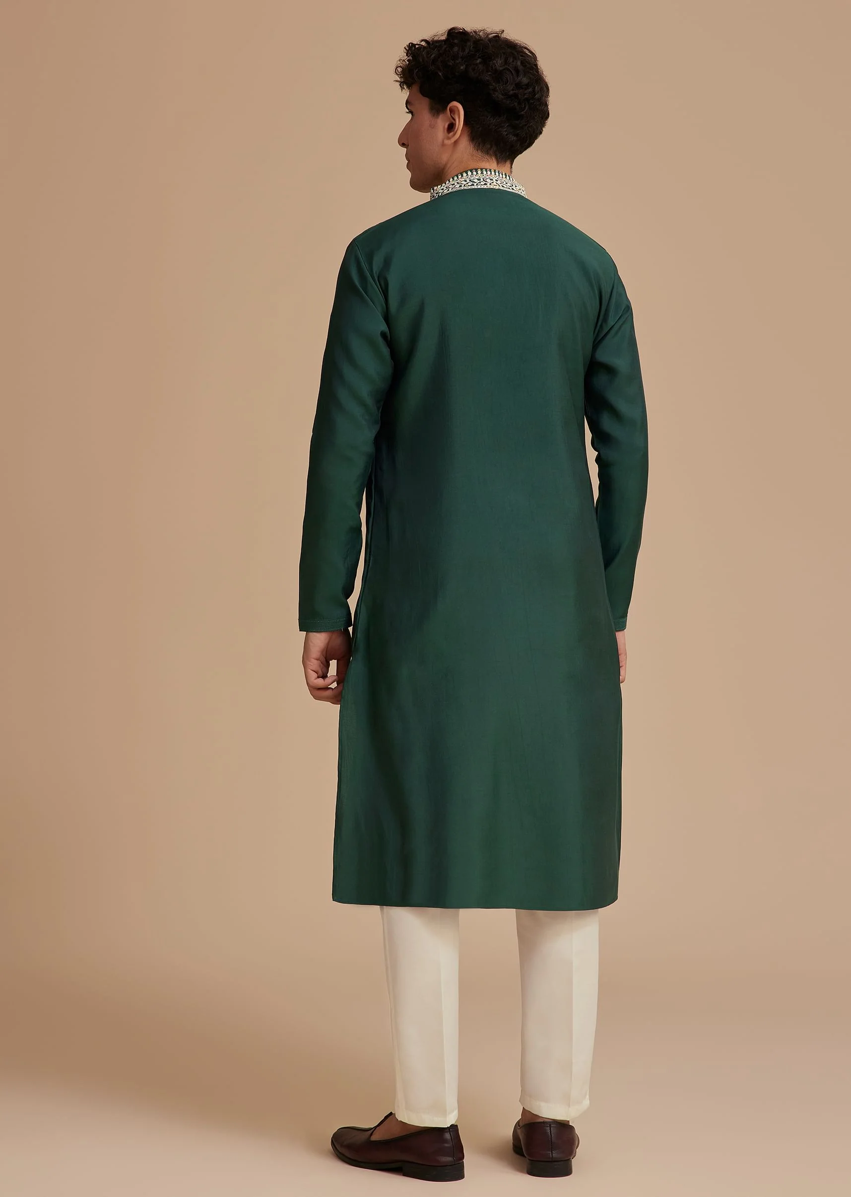 Bottle Green Silk Embroidered Kurta - Image 5