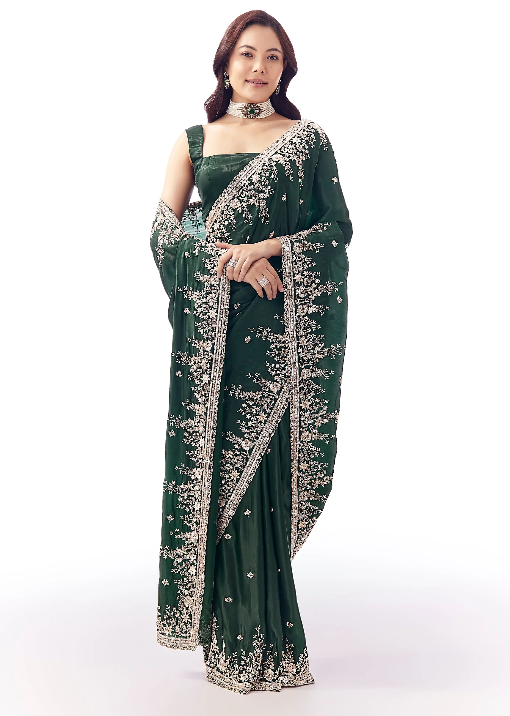 Bottle Green Tissue Silk Saree With Heavy Floral Embroidered Butti Border