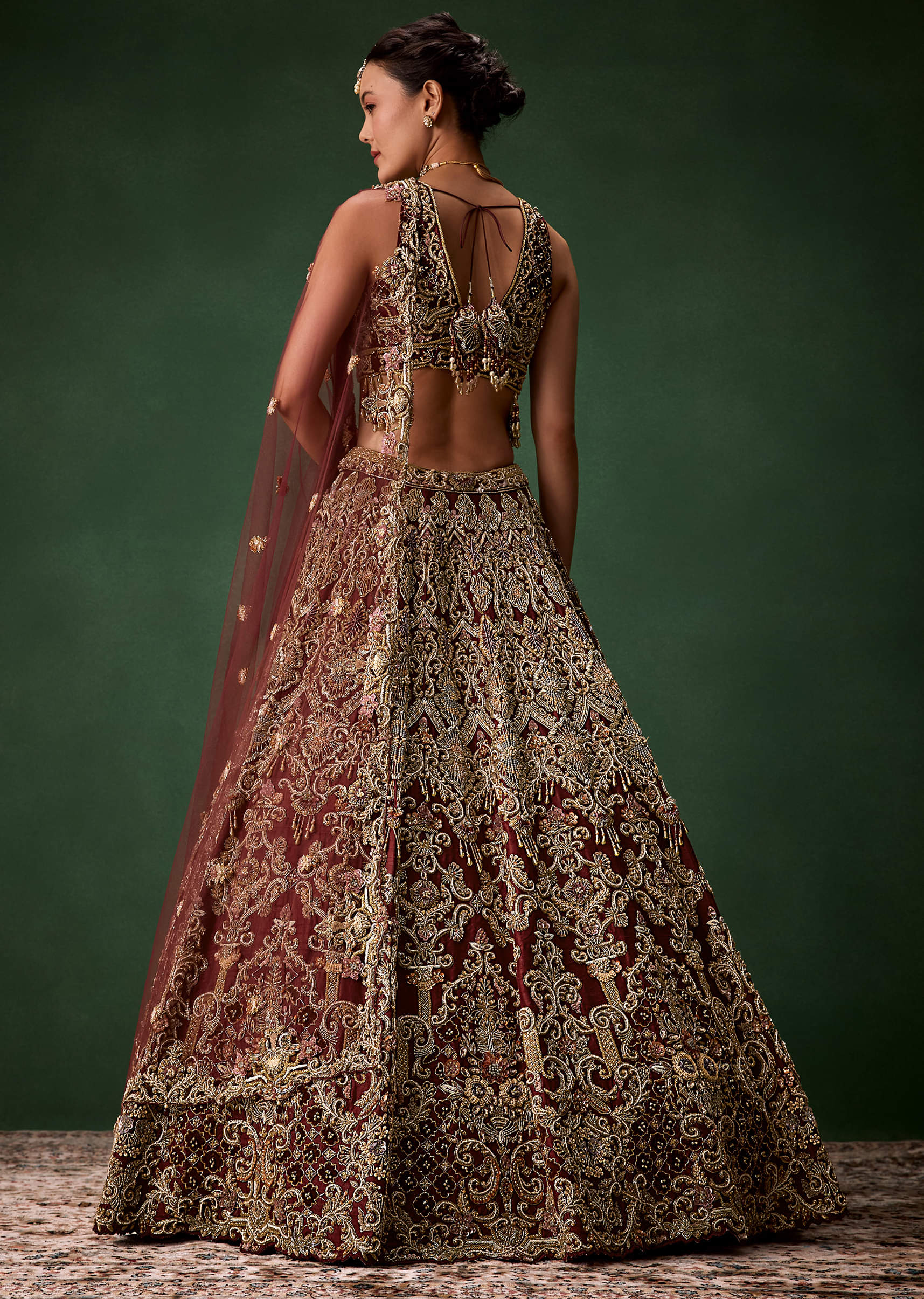 Bridal Lehenga Embroidered Set with Two Dupattas - Image 2