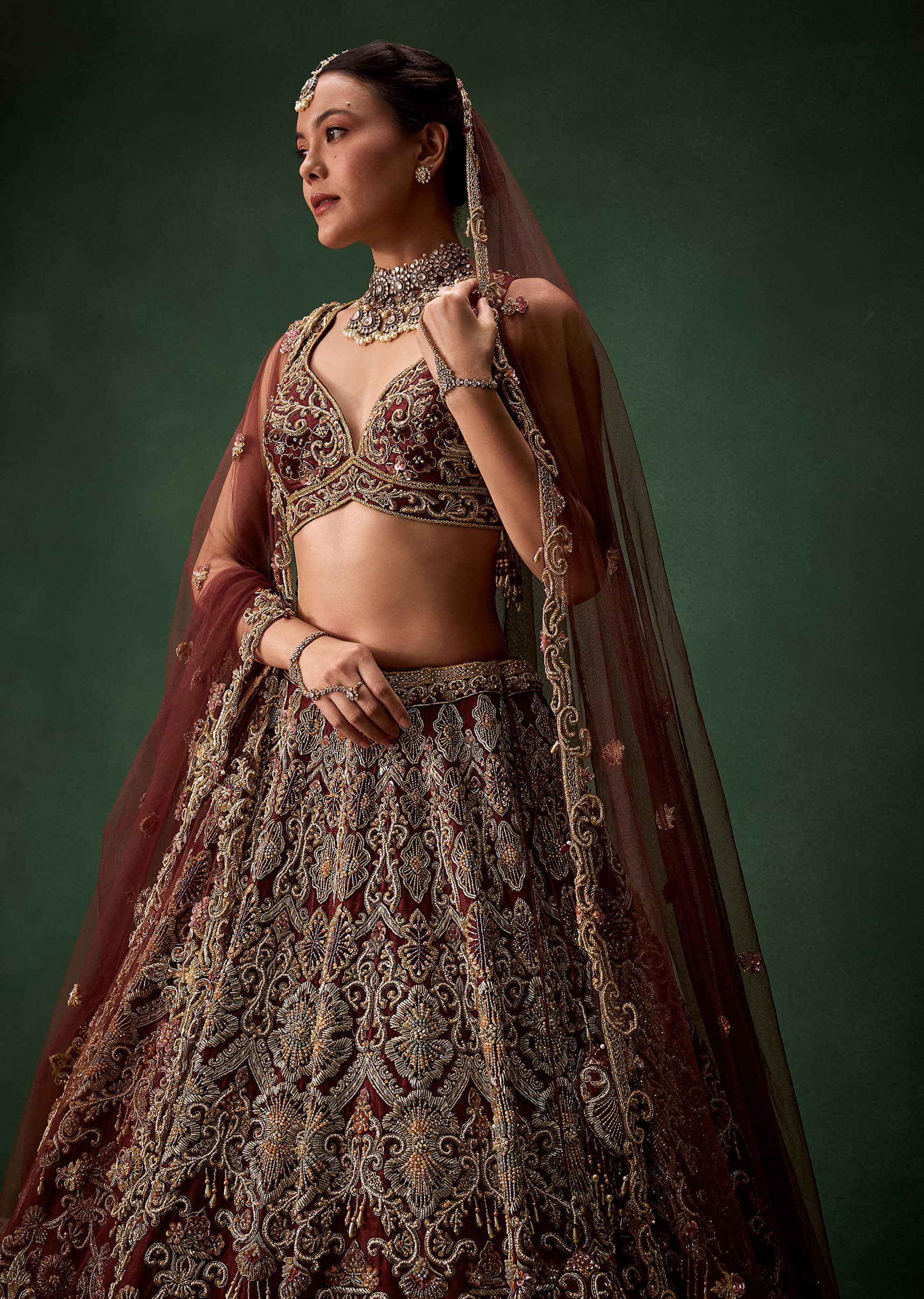 Bridal Lehenga Embroidered Set with Two Dupattas - Image 3