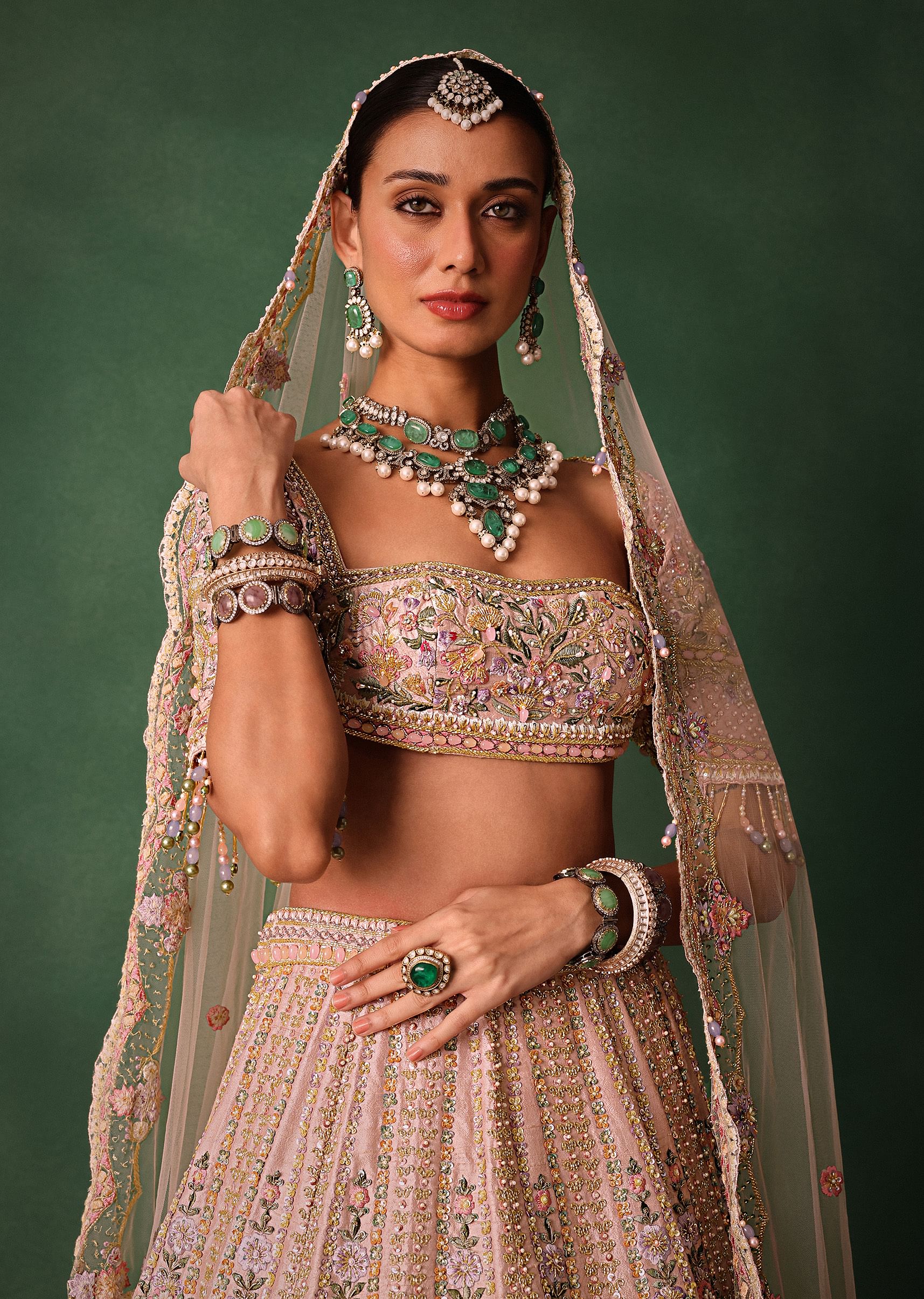 Bridal Pink Lehenga With Floral Embroidered Blouse And Scallop Dupatta - Image 2