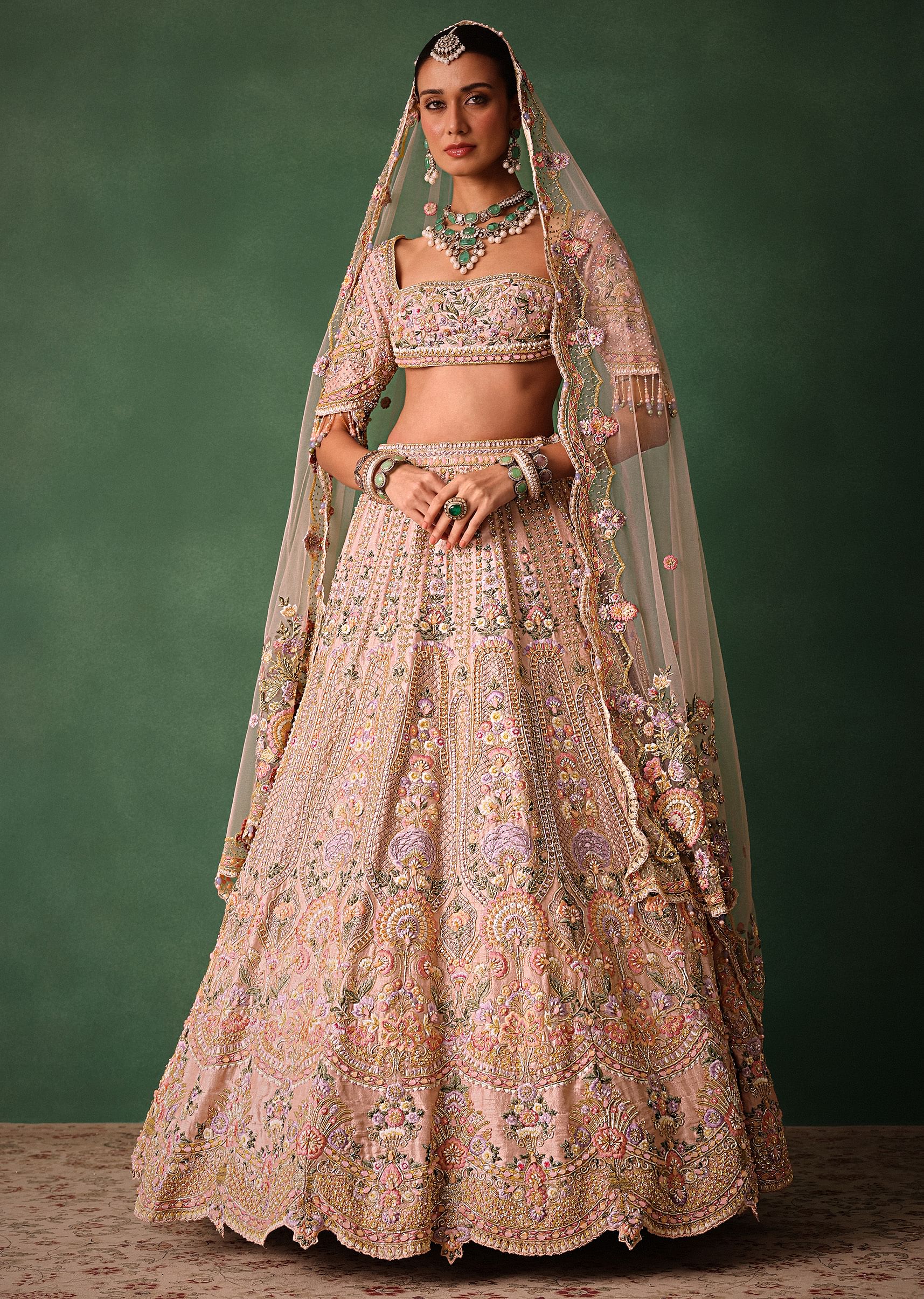 Bridal Pink Lehenga With Floral Embroidered Blouse And Scallop Dupatta - Image 3