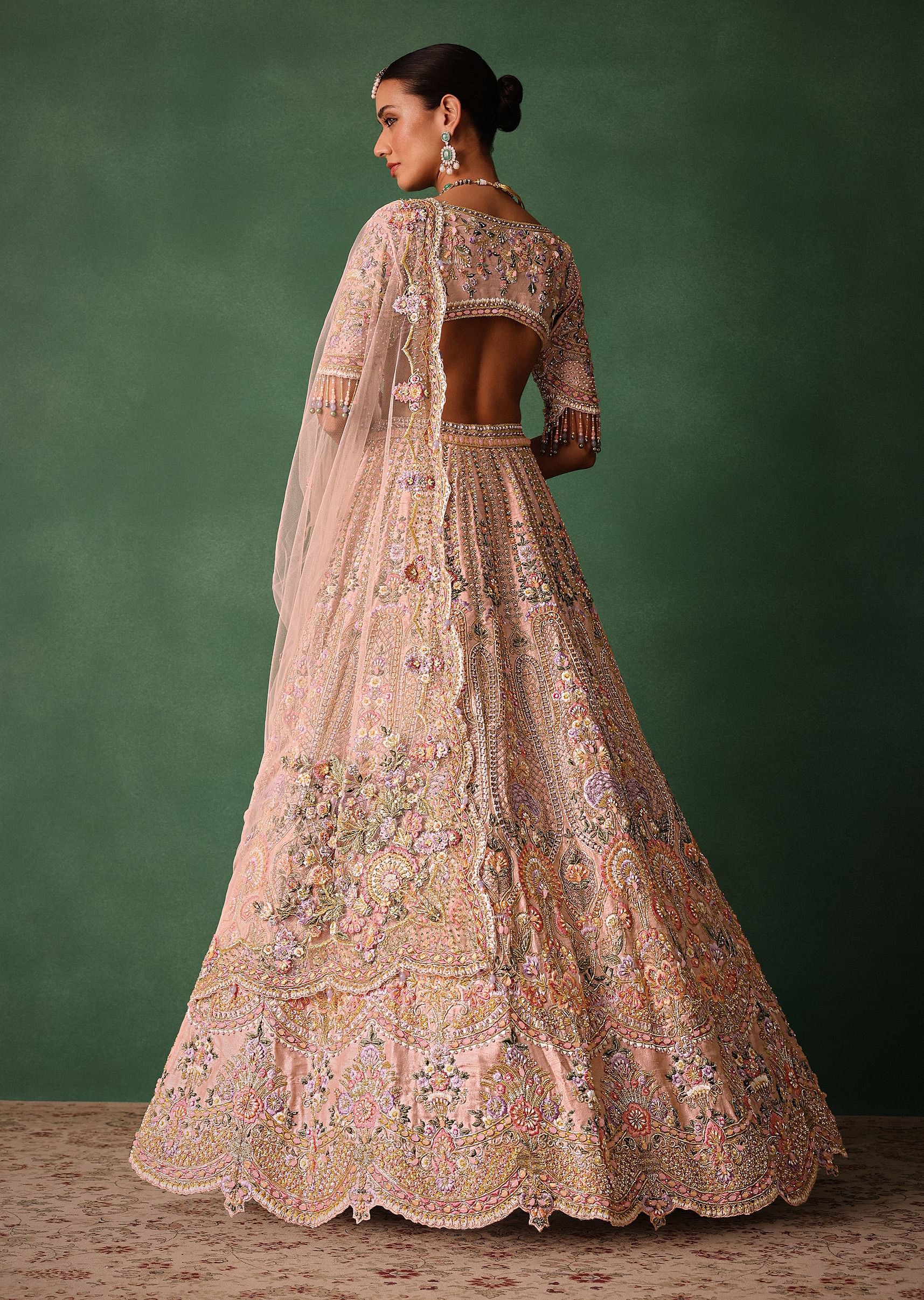 Bridal Pink Lehenga With Floral Embroidered Blouse And Scallop Dupatta - Image 5