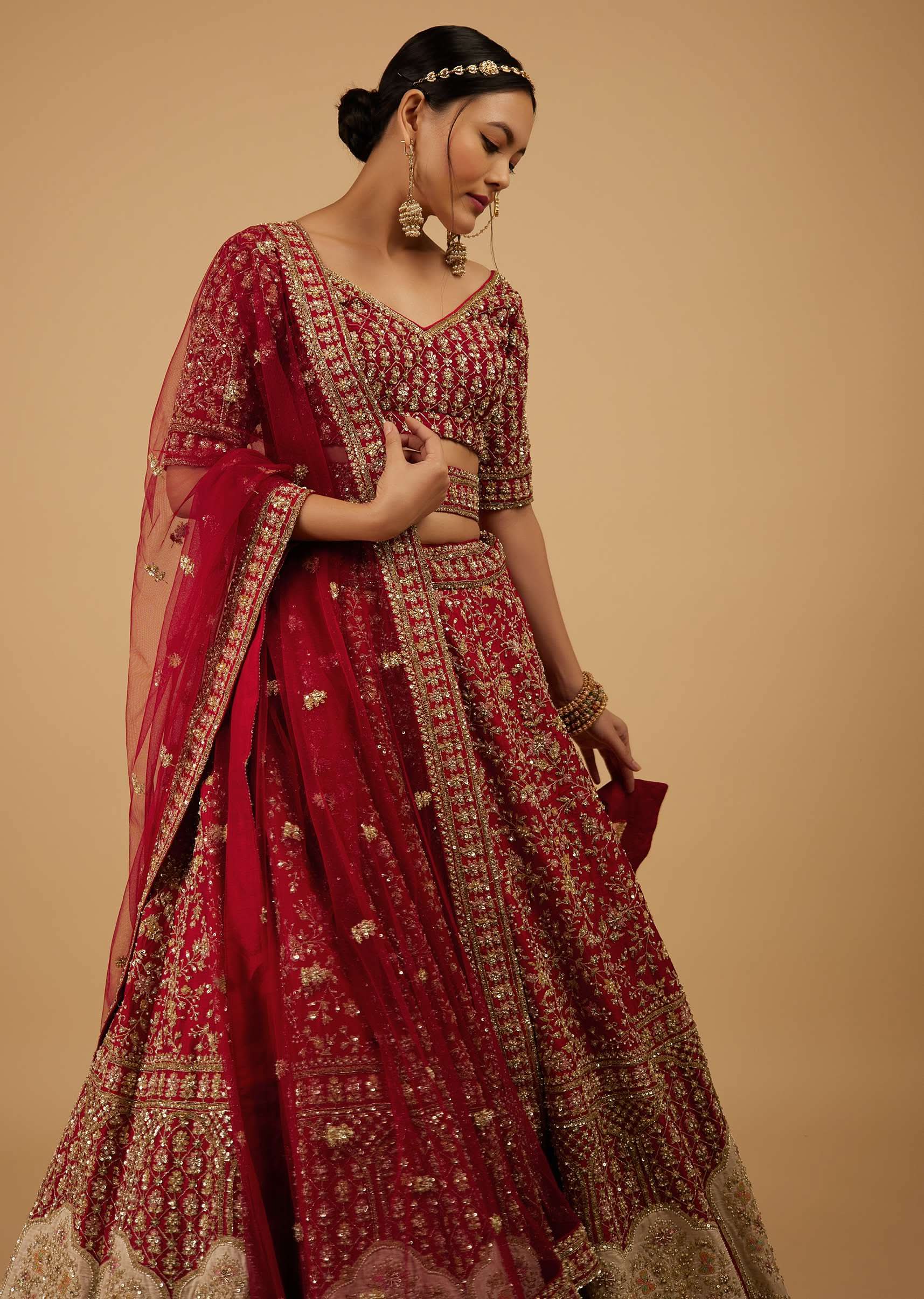 Bride And Baraat Apple Red Fully Embroidered Lavish Lehenga Choli With Belt - Image 2
