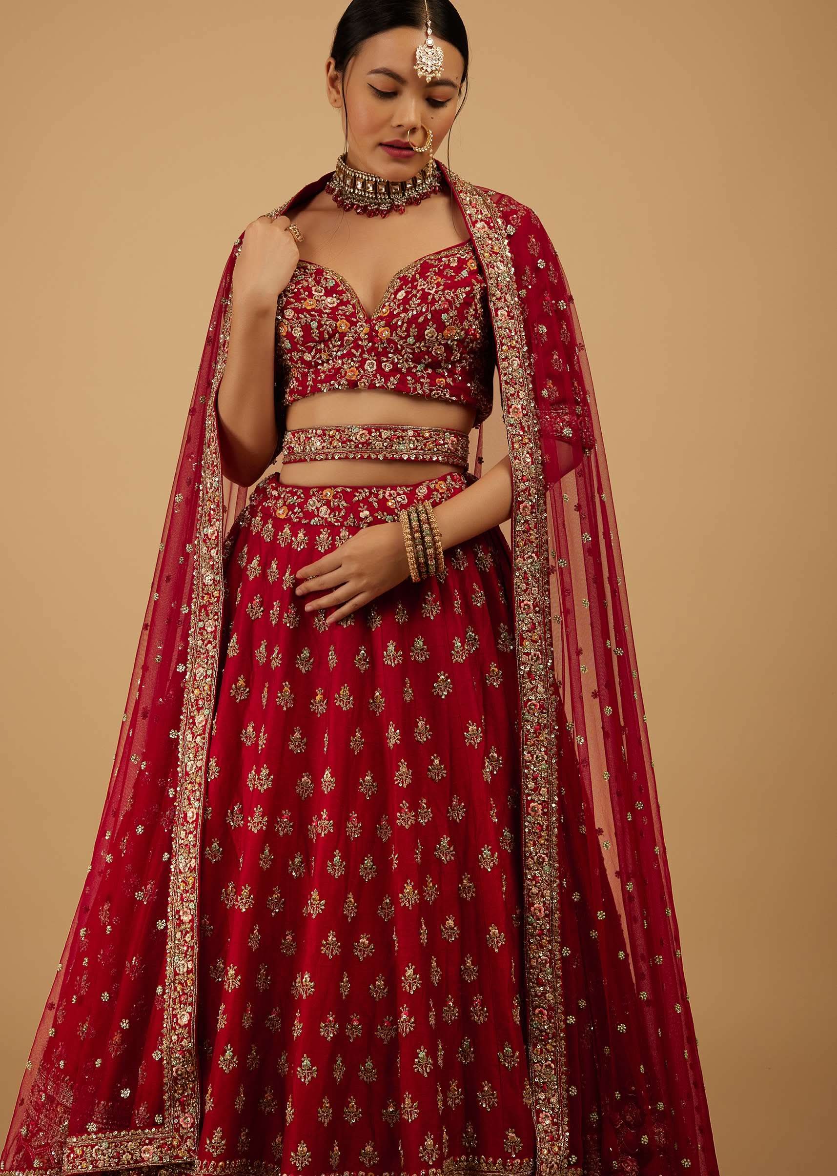 Bride And Baraat Cherry Red Fully Embroidered Lavish Lehenga Choli With Belt - Image 2