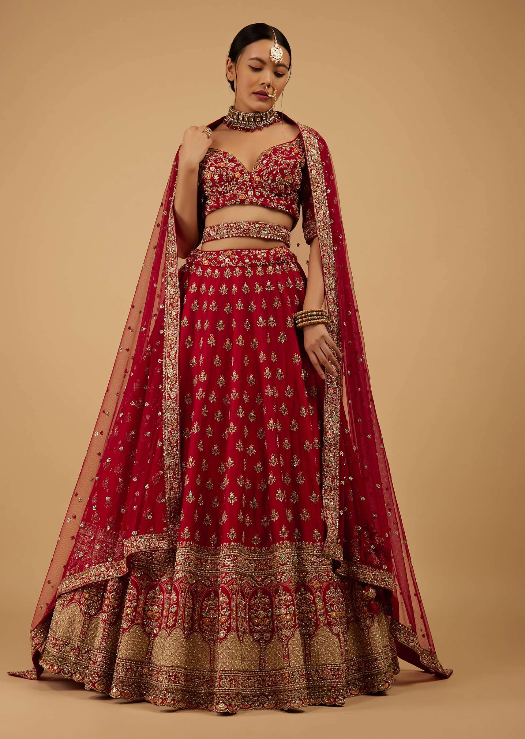 Bride And Baraat Cherry Red Fully Embroidered Lavish Lehenga Choli With Belt - Image 3
