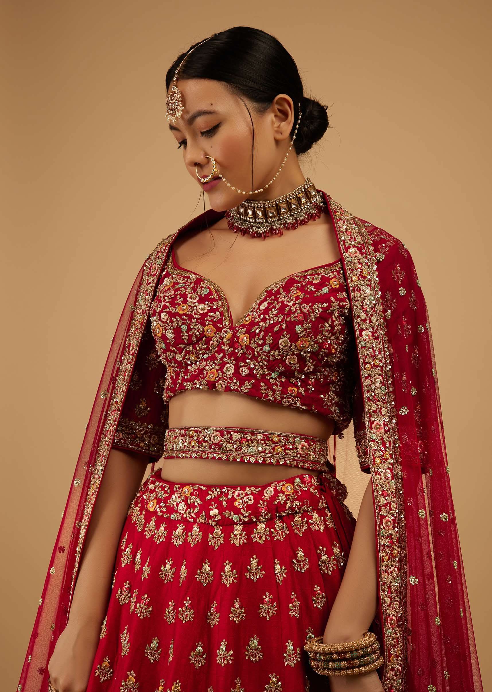Bride And Baraat Cherry Red Fully Embroidered Lavish Lehenga Choli With Belt - Image 4
