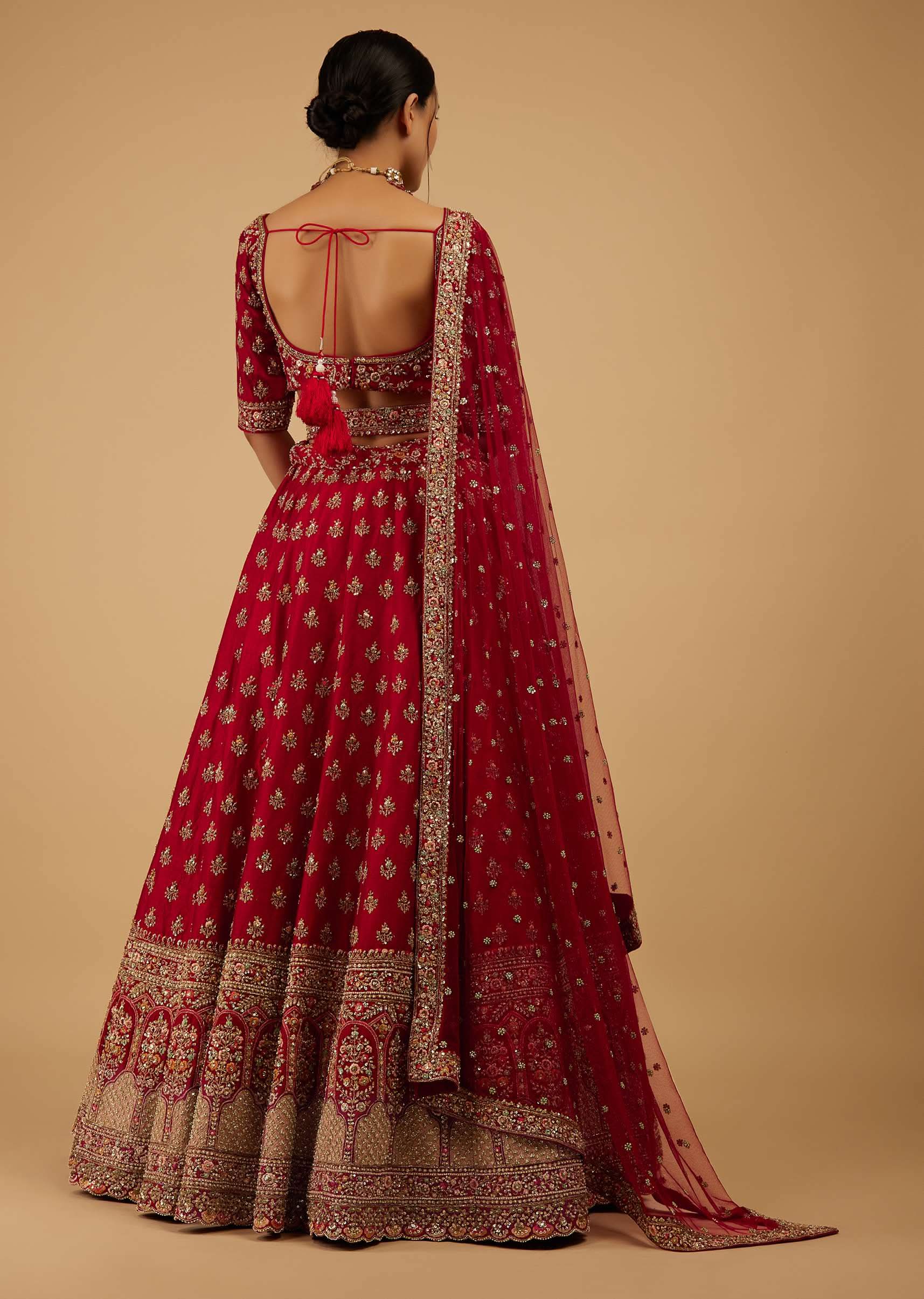Bride And Baraat Cherry Red Fully Embroidered Lavish Lehenga Choli With Belt - Image 5