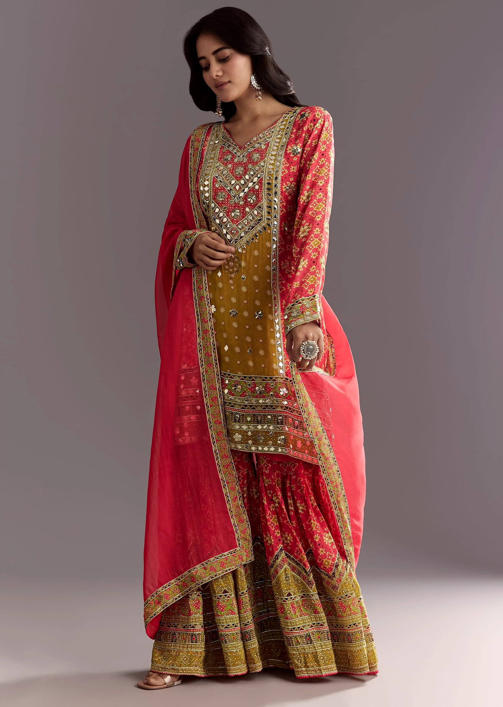 Bright Coral Pink Printed Leather Patch Kurta Sharara With Organza Dupatta - Image 3