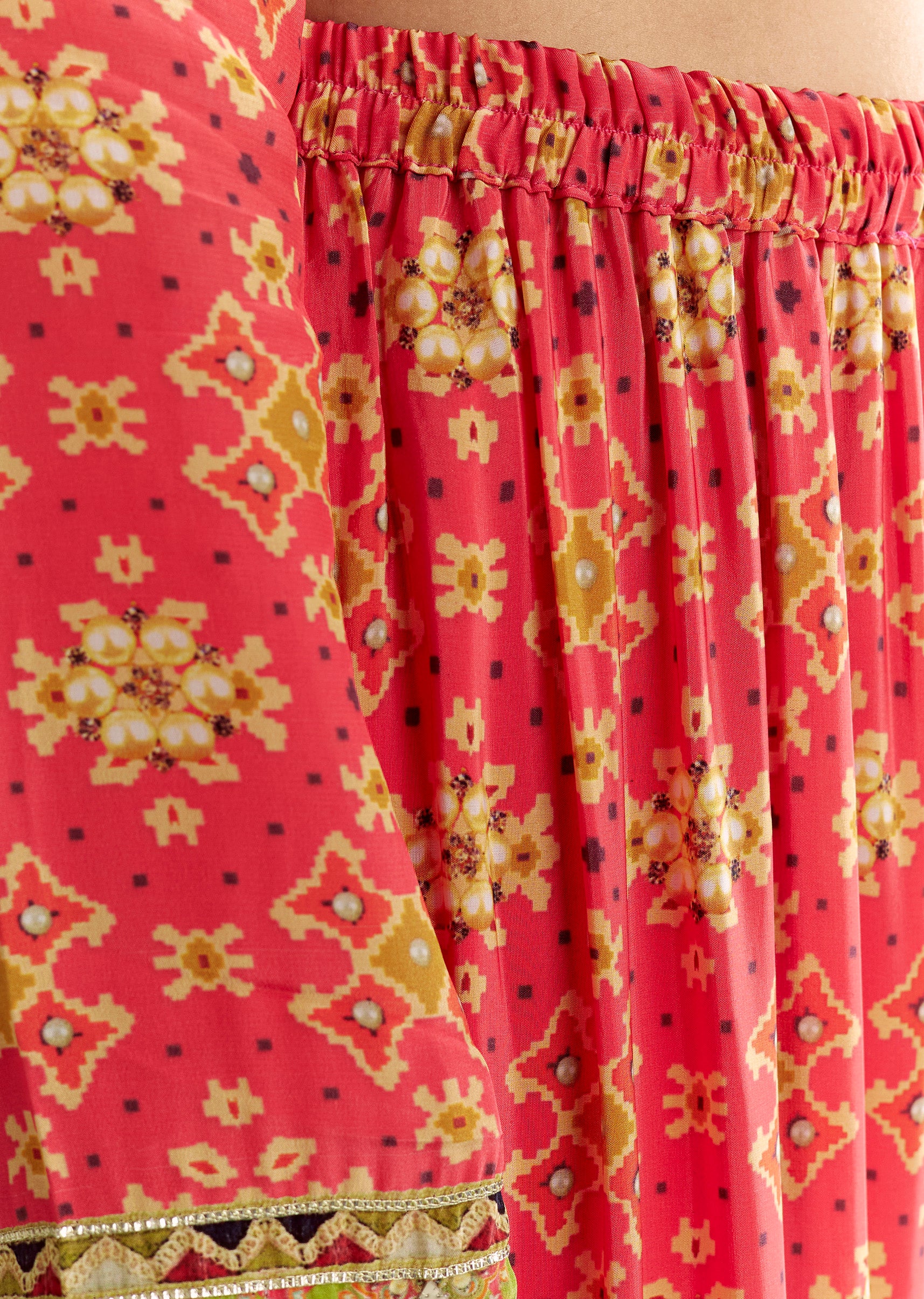 Bright Coral Pink Printed Leather Patch Kurta Sharara With Organza Dupatta - Image 6