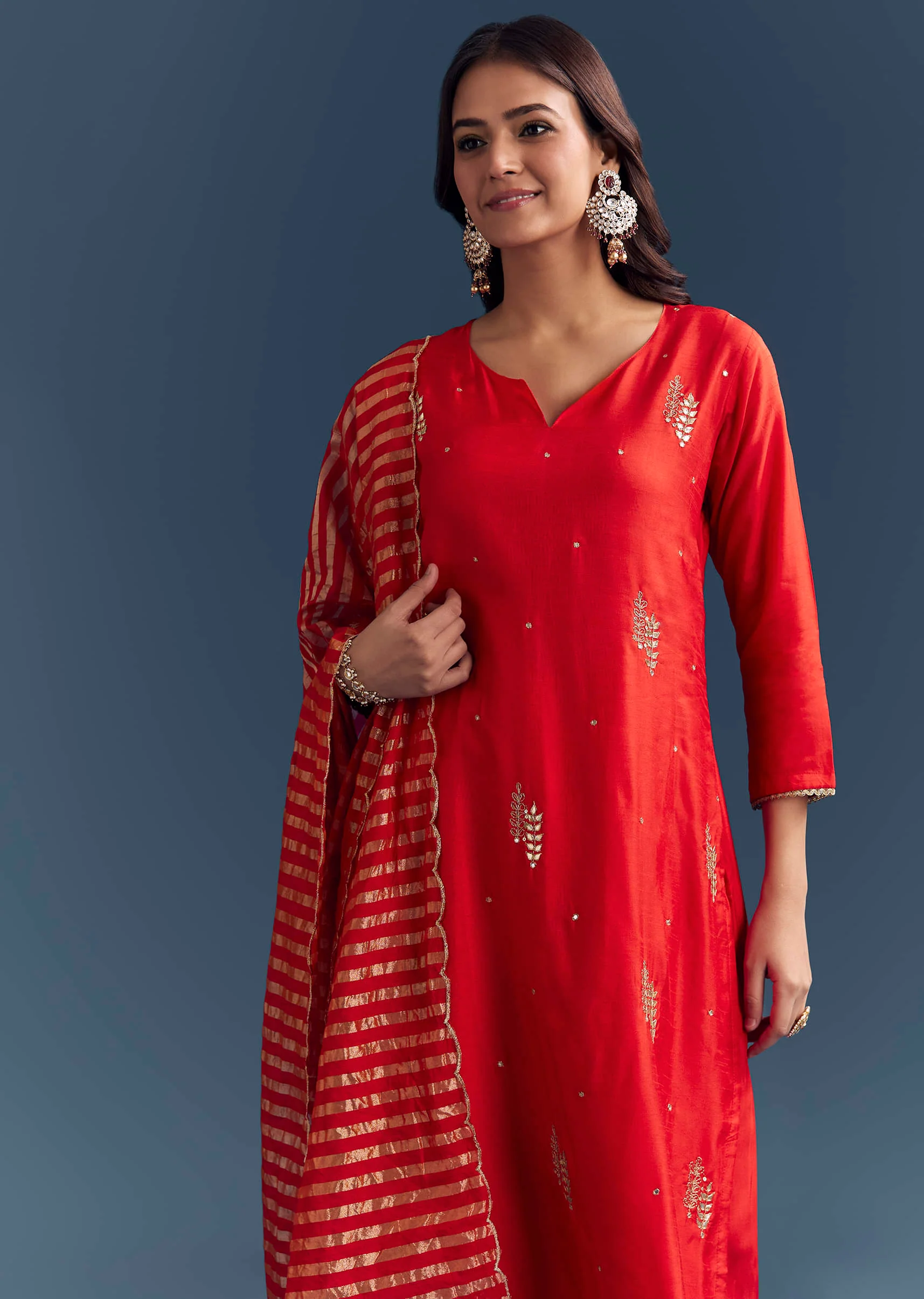 Bright Orange Silk Kurta Set With Zari And Gota Work - Image 4
