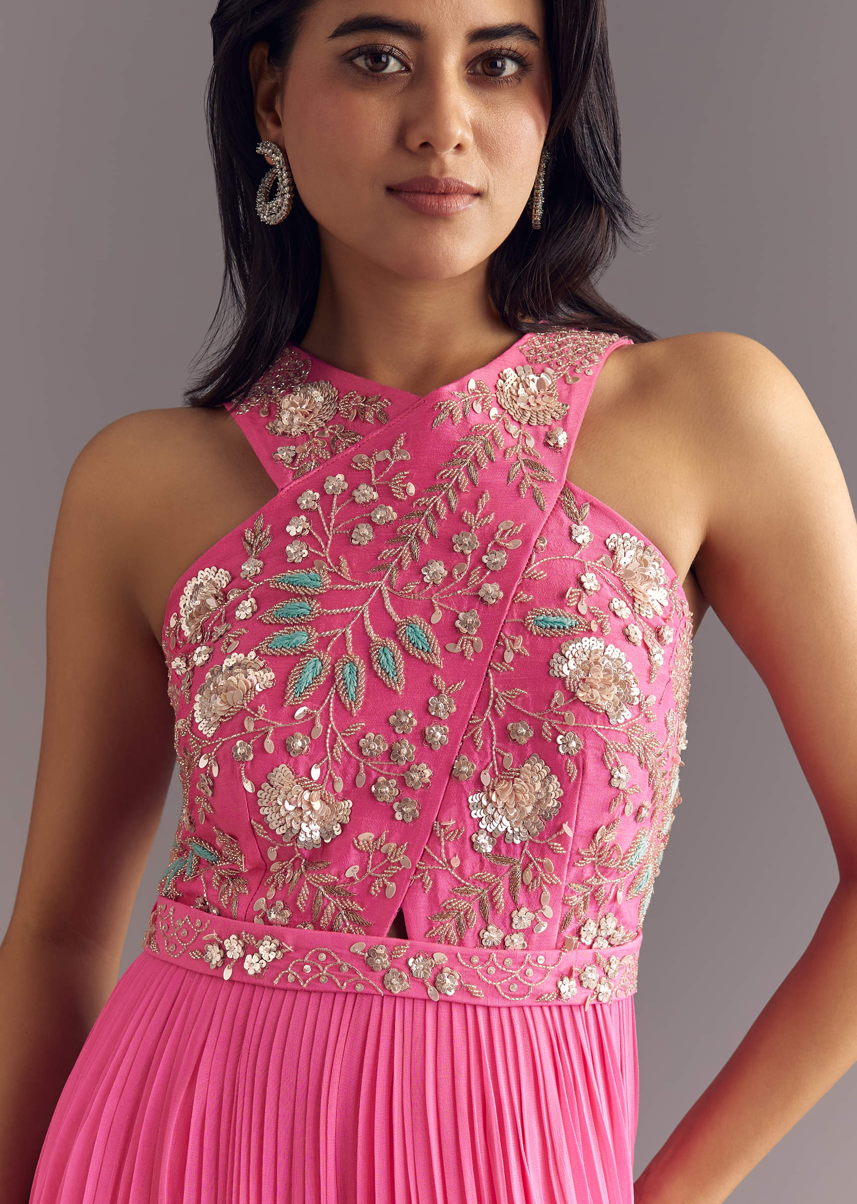 Bright Pink Georgette Jumpsuit With Embroidered Belt - Image 4