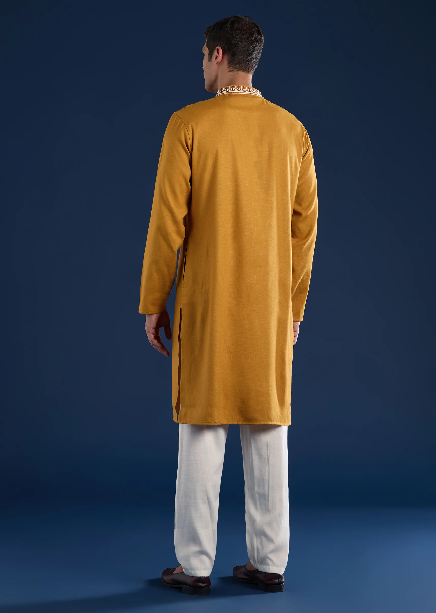 Bright Yellow Festive Duo – Mirror Work Sharara Set For Her And Mustard Viscose Kurta Set For Him - Image 10