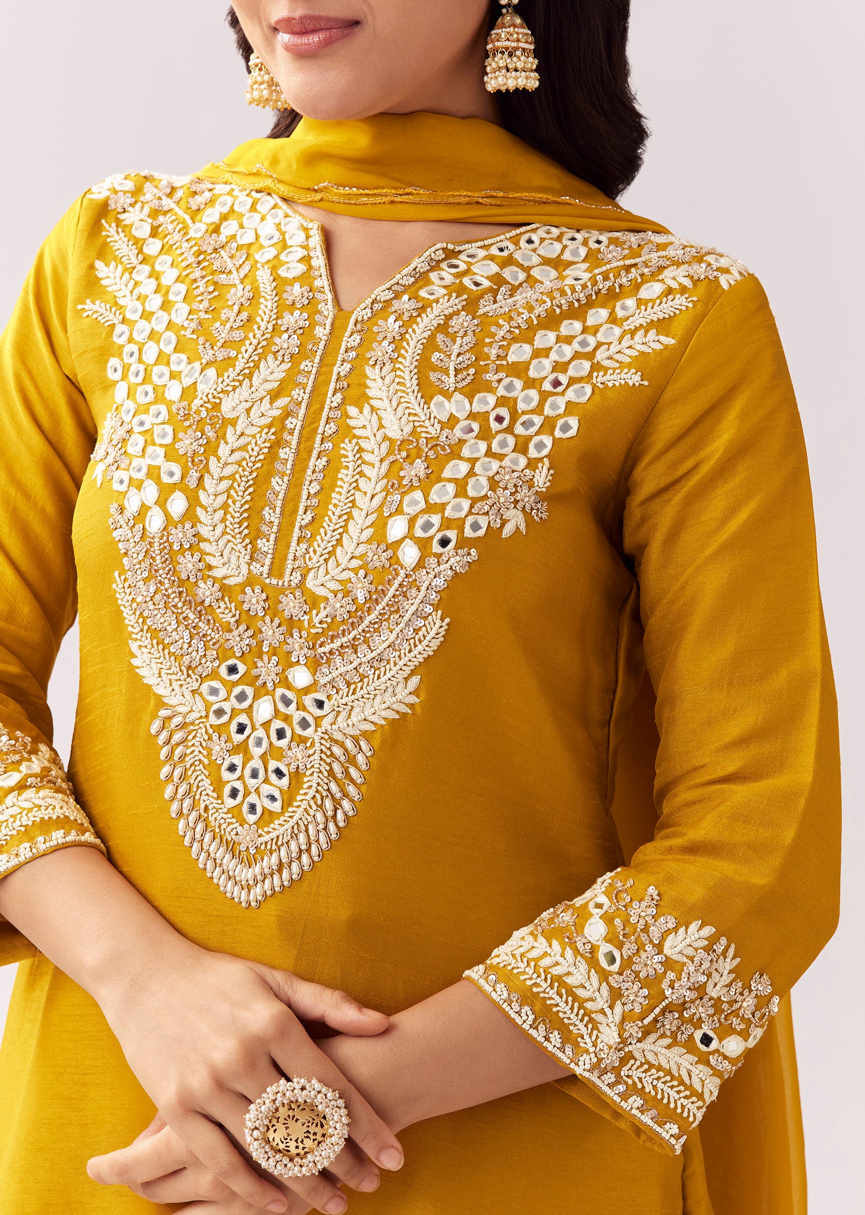 Bright Yellow Festive Duo – Mirror Work Sharara Set For Her And Mustard Viscose Kurta Set For Him - Image 2