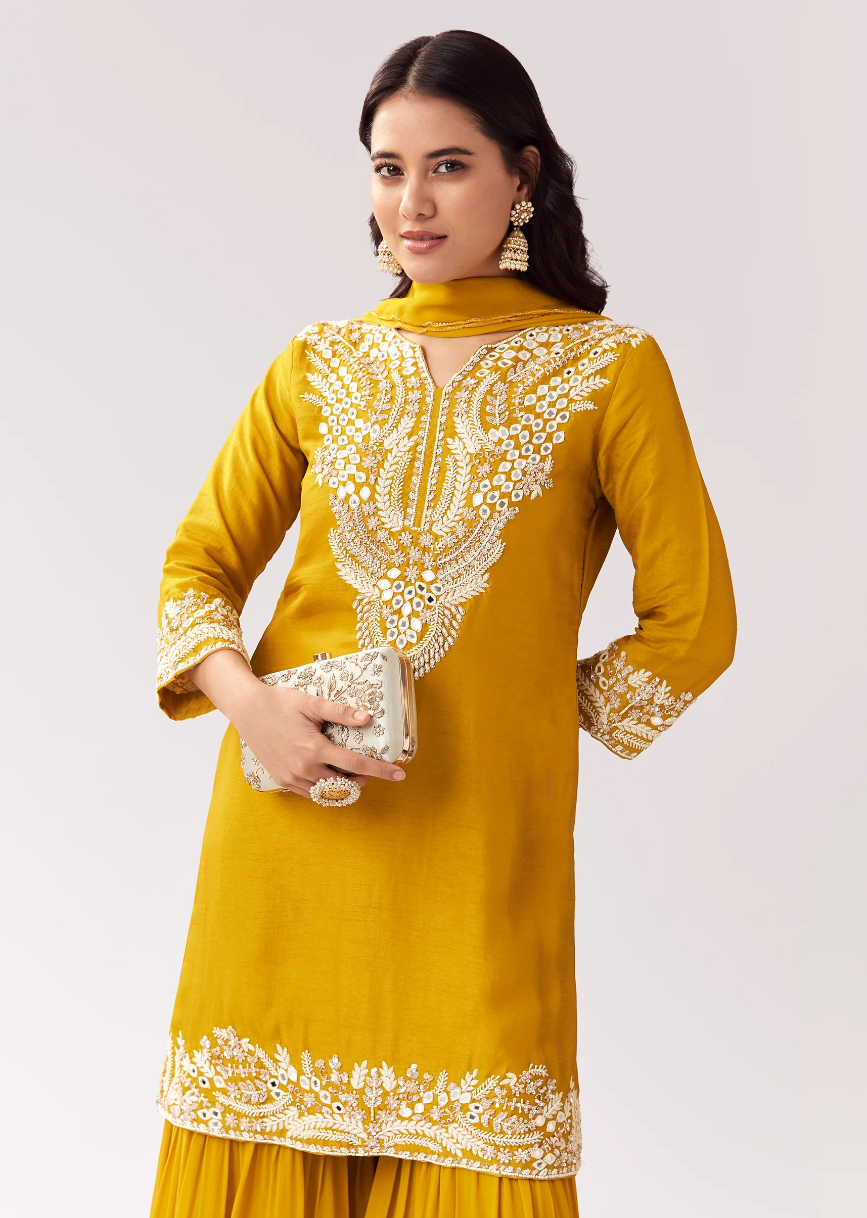 Bright Yellow Festive Duo – Mirror Work Sharara Set For Her And Mustard Viscose Kurta Set For Him - Image 3