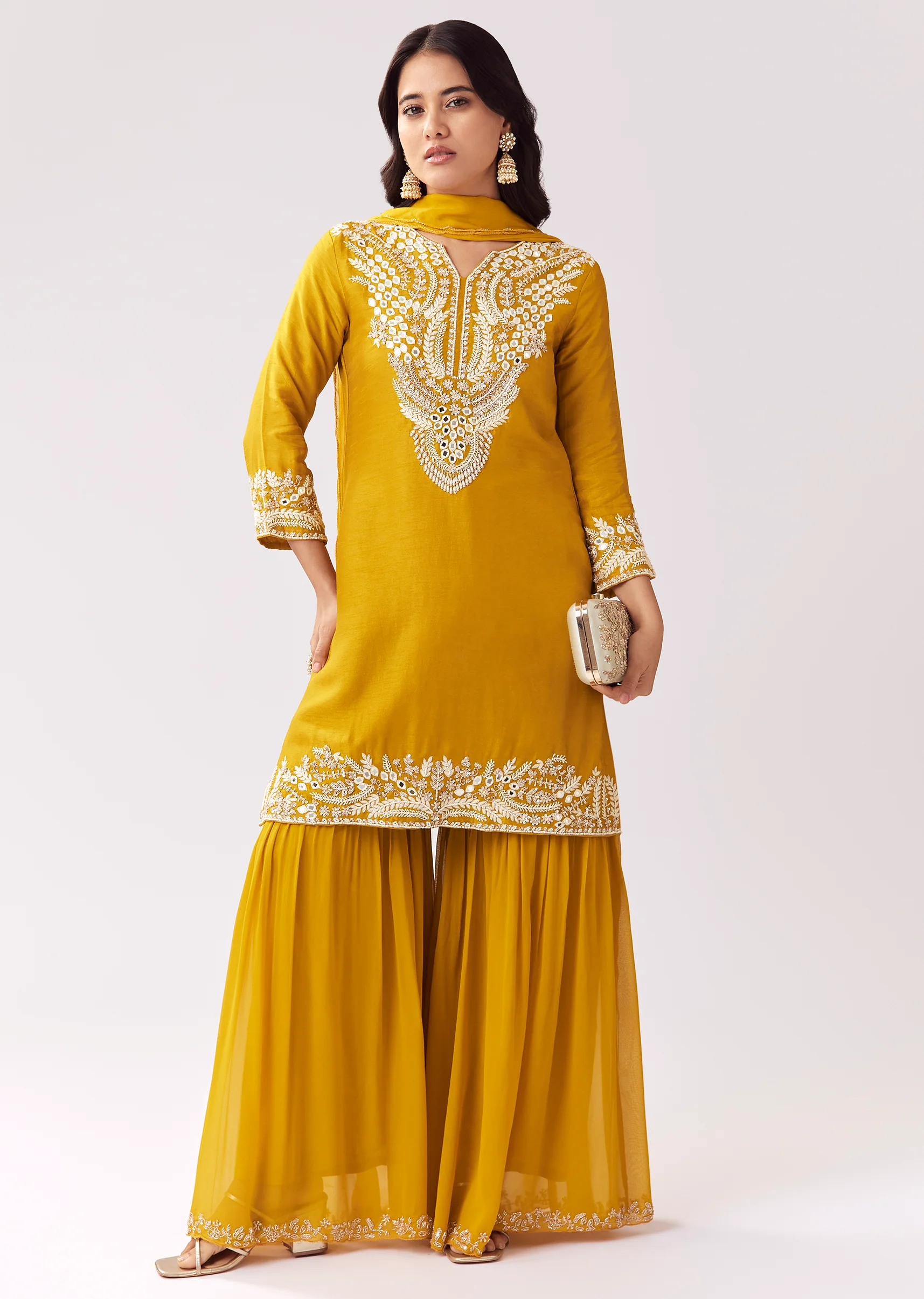 Bright Yellow Festive Duo – Mirror Work Sharara Set For Her And Mustard Viscose Kurta Set For Him - Image 5