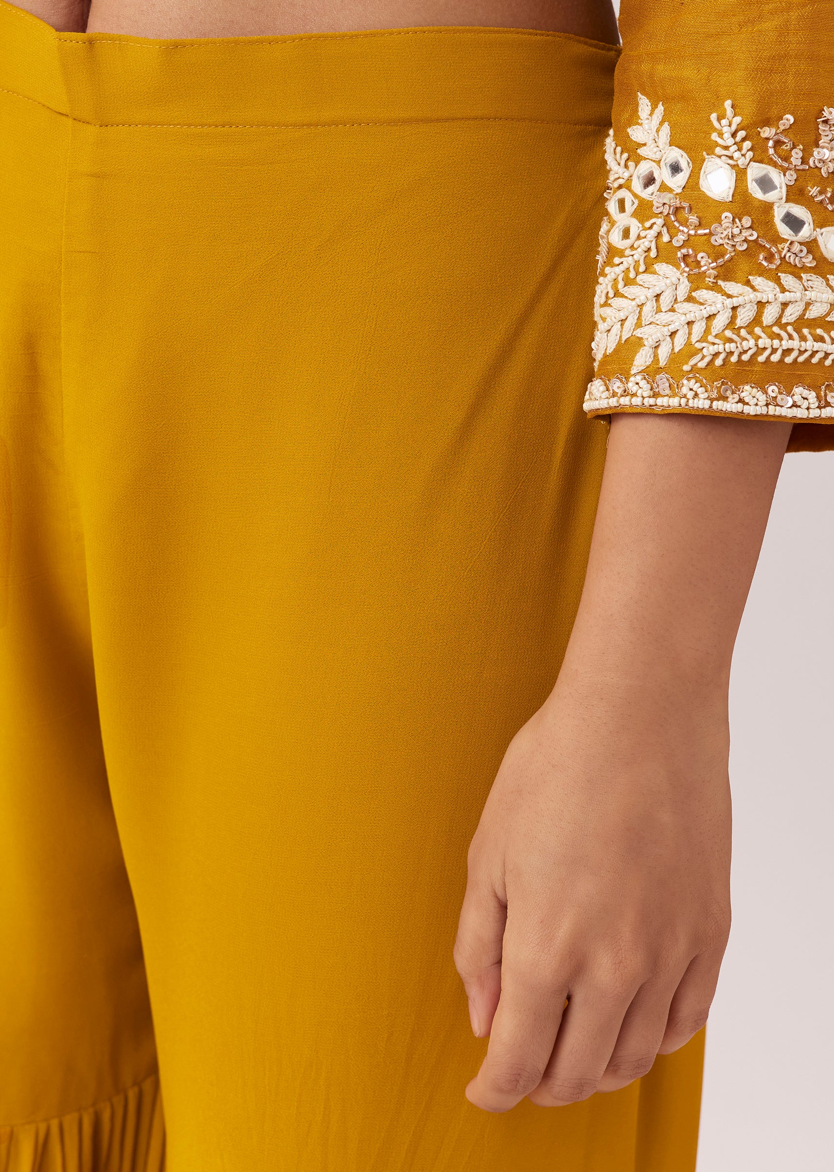 Bright Yellow Festive Duo – Mirror Work Sharara Set For Her And Mustard Viscose Kurta Set For Him - Image 6