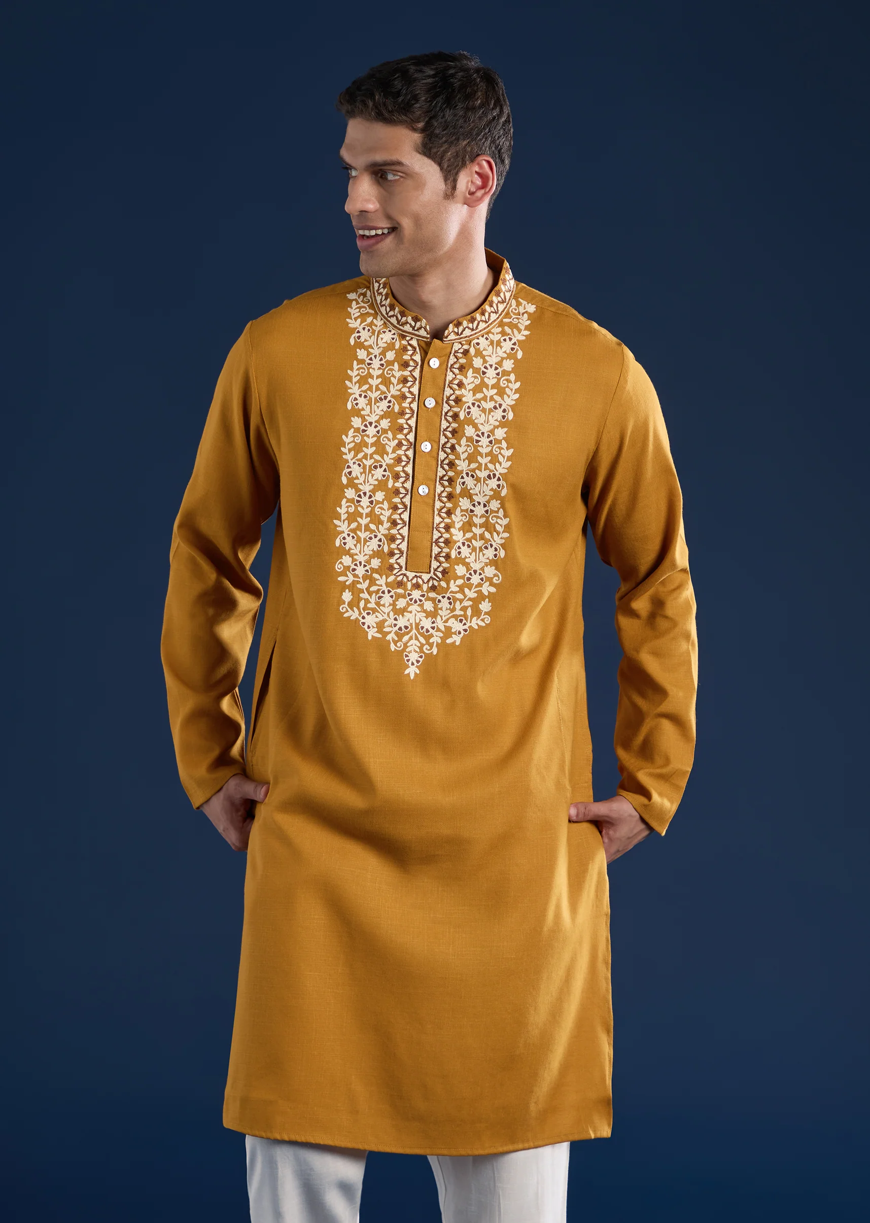 Bright Yellow Festive Duo – Mirror Work Sharara Set For Her And Mustard Viscose Kurta Set For Him - Image 8