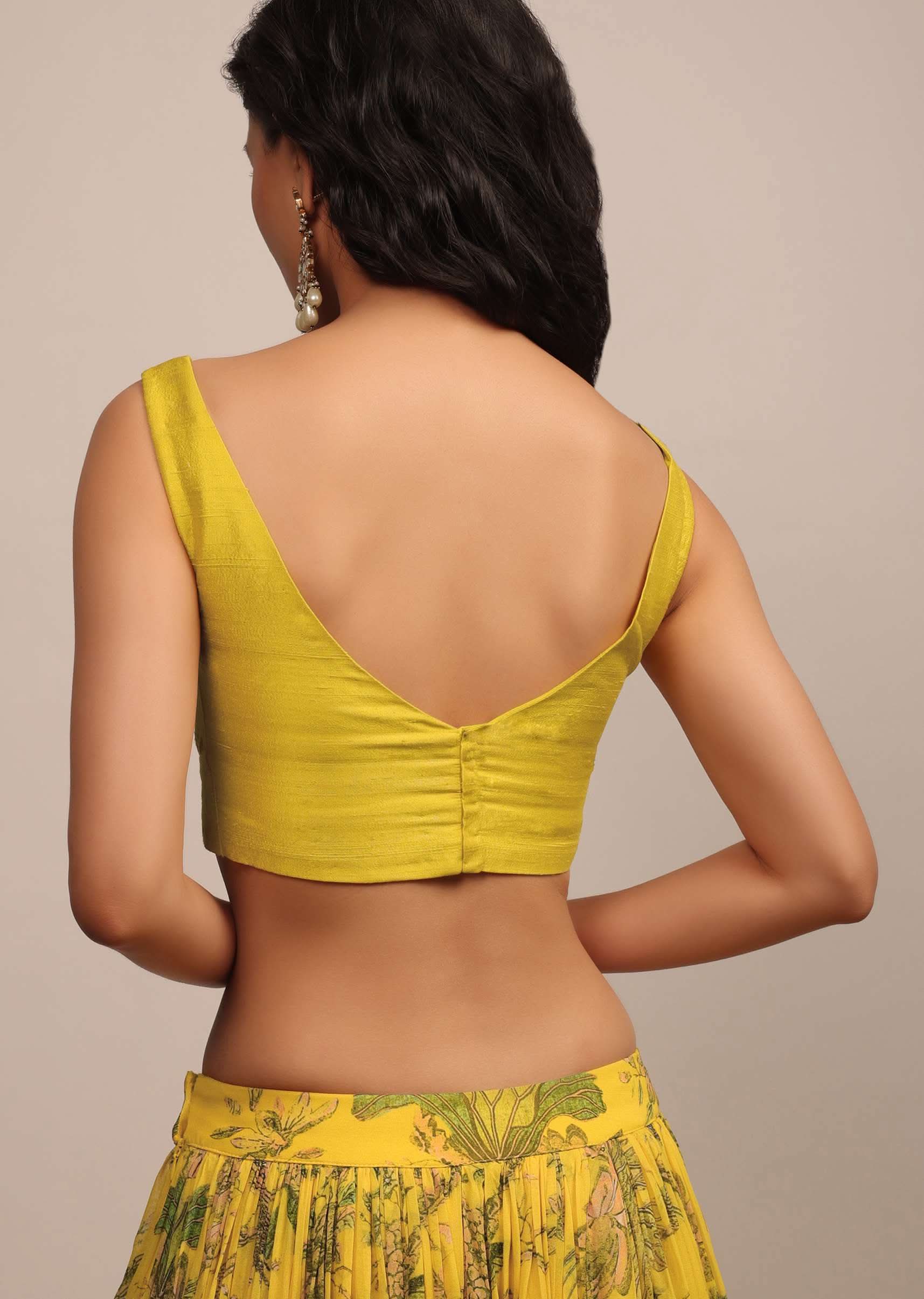 Bright Yellow Sleeveless Blouse With Sweetheart Neckline In Raw Silk - Image 2