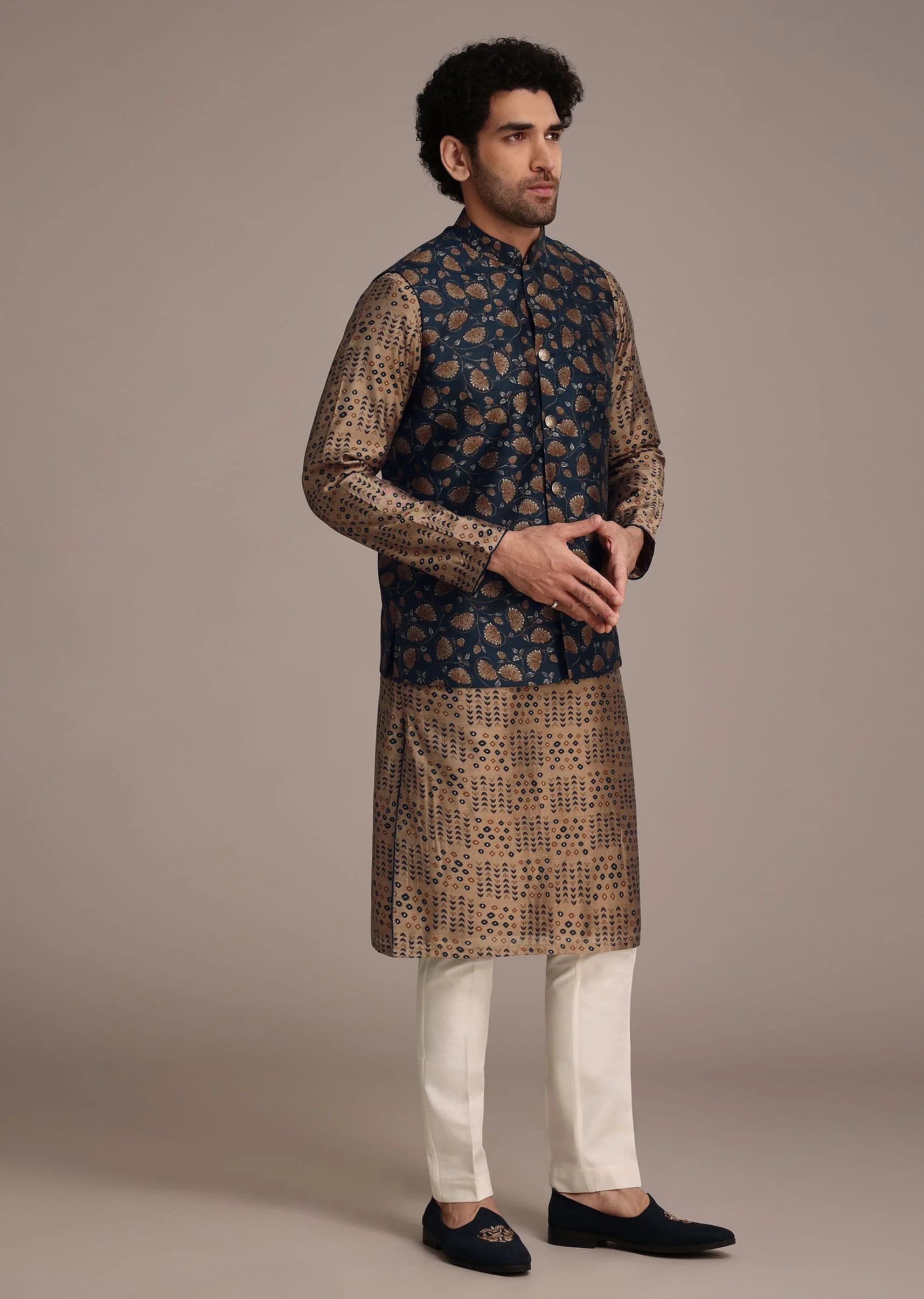 Bronze Silk Printed Kurta Set With Leaf Motifs - Image 2